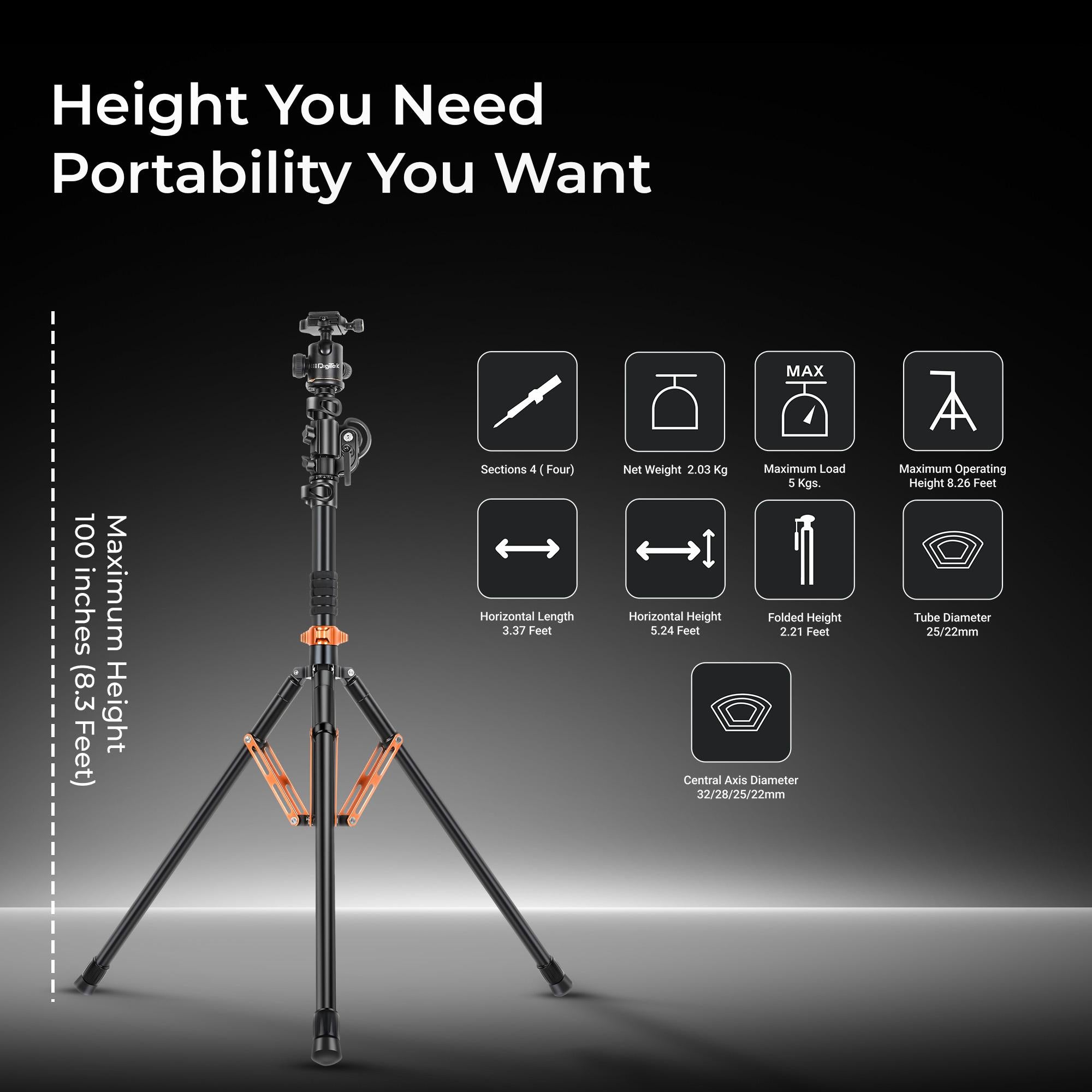 Digitek (DTR 830BH) 8.26ft Aluminum Light Stand Cum Tripod, 5Kg Max Load, 360° Adjustment, Ball Head, 4-Section, Overhead Shooting, 1/4 & 3/8 Screws, Cameras & Video Lights Compatible, for Photography