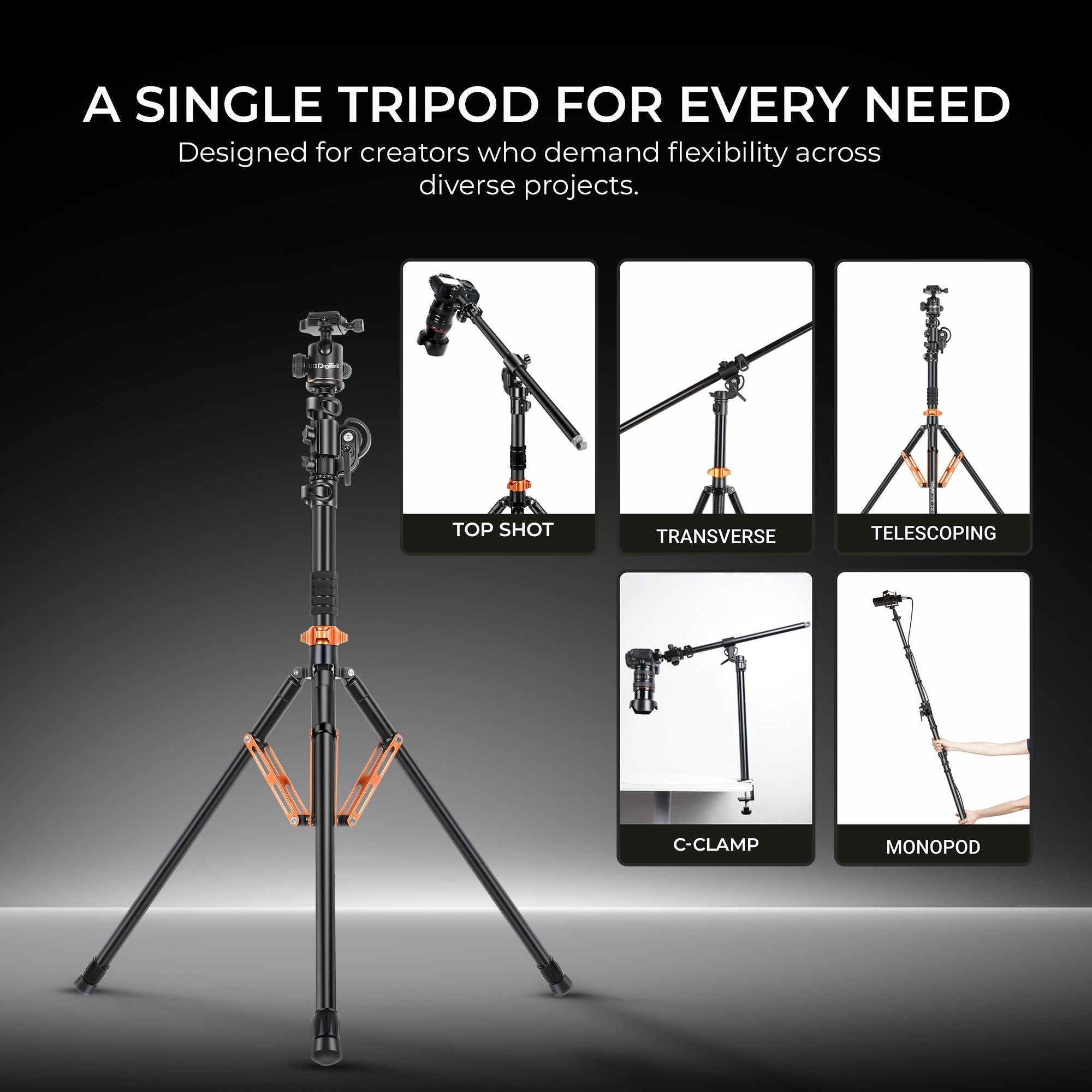 Digitek (DTR 830BH) 8.26ft Aluminum Light Stand Cum Tripod, 5Kg Max Load, 360° Adjustment, Ball Head, 4-Section, Overhead Shooting, 1/4 & 3/8 Screws, Cameras & Video Lights Compatible, for Photography