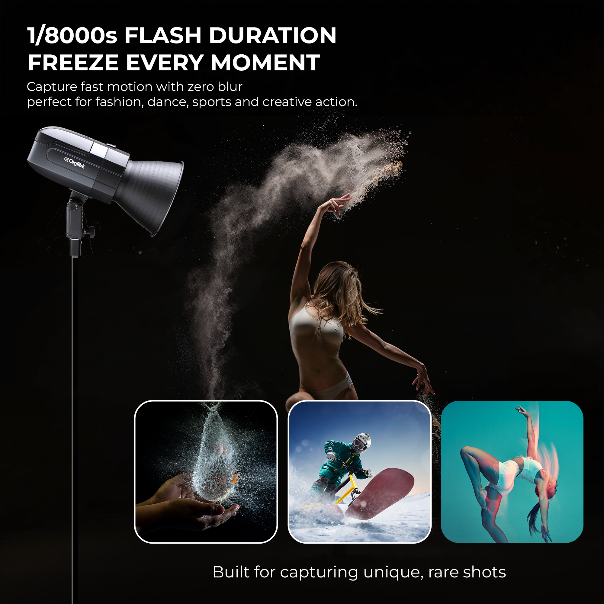 Digitek (DFL 400) High Speed 400W TTL Flash Strobe Light, Built-in TTL, 1/8000s HSS, 2.4G, 13W LED Modeling Lamp, Stroboscopic & Multi Flash, 5600K±200K, Fast Recycling, 500 Flashes, For Photo & Videography