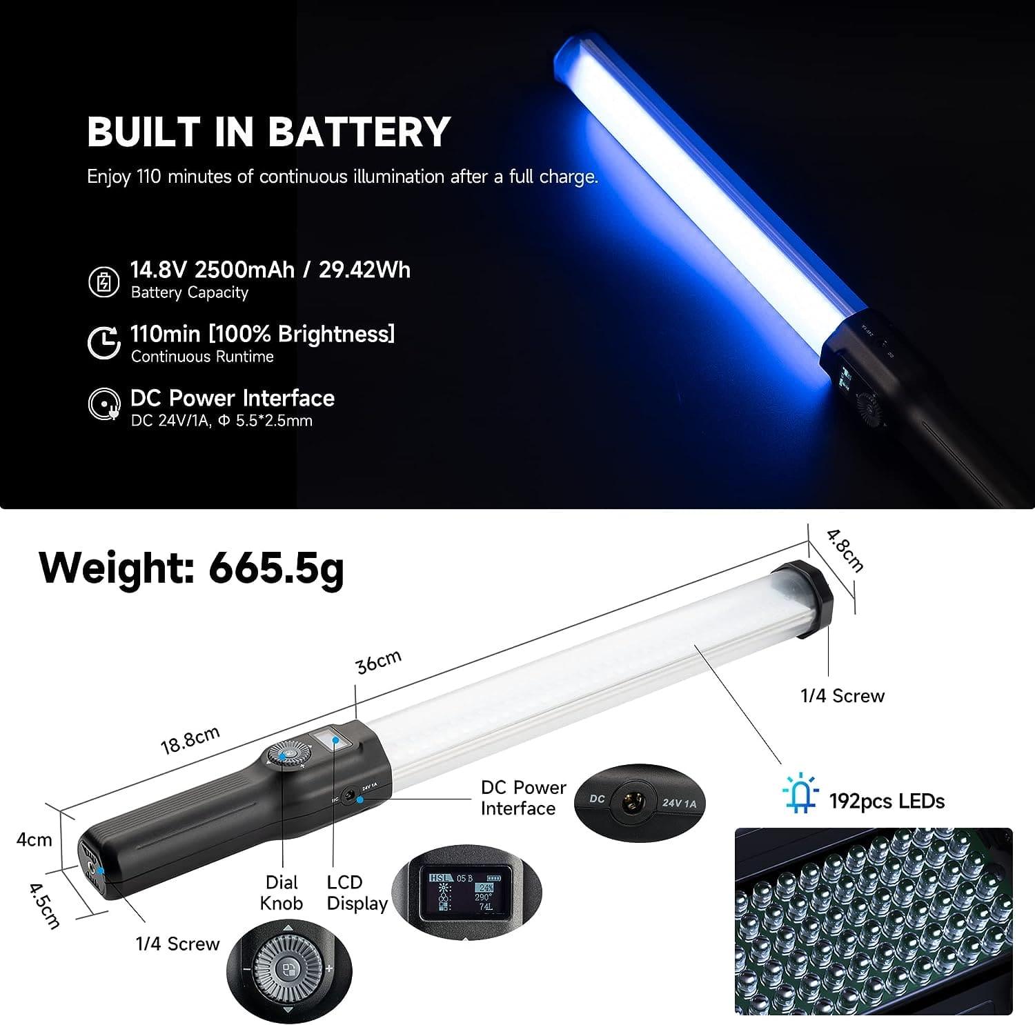 VILTROX H18 RGB LED Light Stick, 18W 2770Lux/0.7m CRI 95+ Double-Sided Handheld RGB Tube Light Wand with Barn Door App Control for Photography Video Lighting, 2800-6800K 360° Full Color 26 FX Effects - Digitek