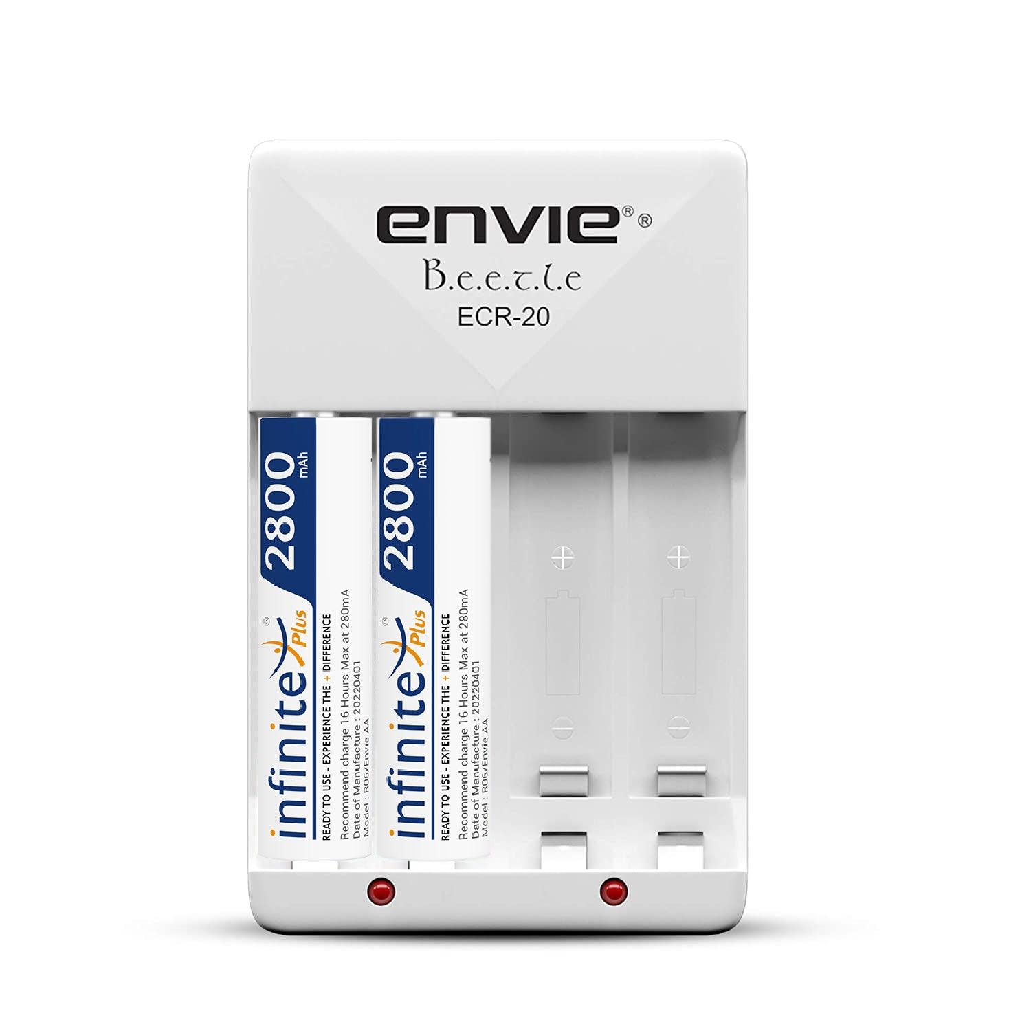 ENVIE (ECR2028002PL) High Speed Wall Plug Charger ECR 20 for AA & AAA Ni-mh/Ni-cd Rechargeable Batteries | 2000MA Output Current | with 2 AA2800 Ni-mh Batteries (ECR2028002PL) - Digitek