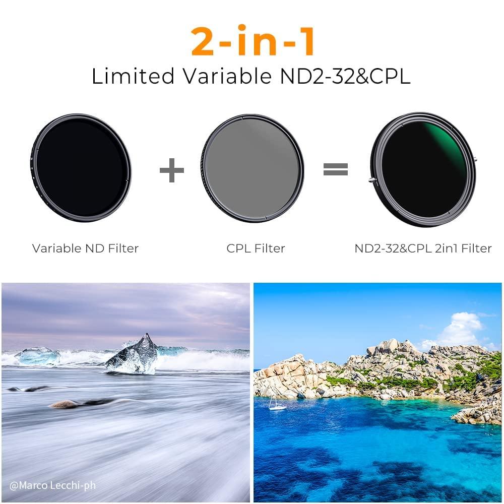 K&F Concept (ND2-ND32 ND Filter & CPL) Variable Fader ND2-ND32 ND Filter and CPL Circular Polarizing Filter 2 in 1 for Camera Lens Nano-X Spot Weather Sealed - Digitek
