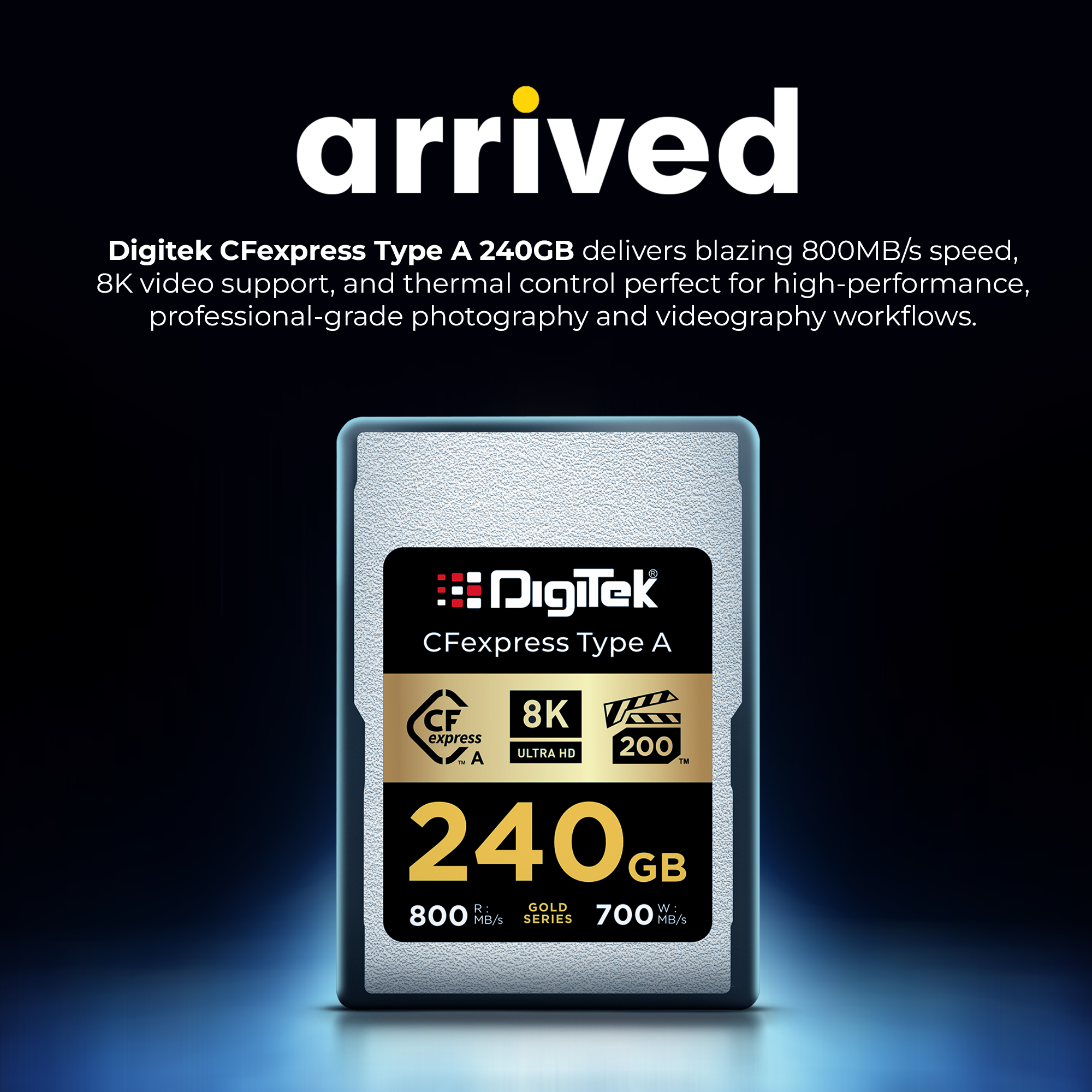 بطاقة ذاكرة Digitek (DCFA 240GB Gold Series) من نوع CFexpress A - سرعة قراءة 800 ميجابايت/ثانية، سرعة كتابة 700 ميجابايت/ثانية، تدعم دقة 8K فائقة الوضوح، تقنية Nytro Boost، تقنية Perfect Frame، ضمان 5 سنوات، لتصوير فيديو عالي السرعة بدقة 8K
