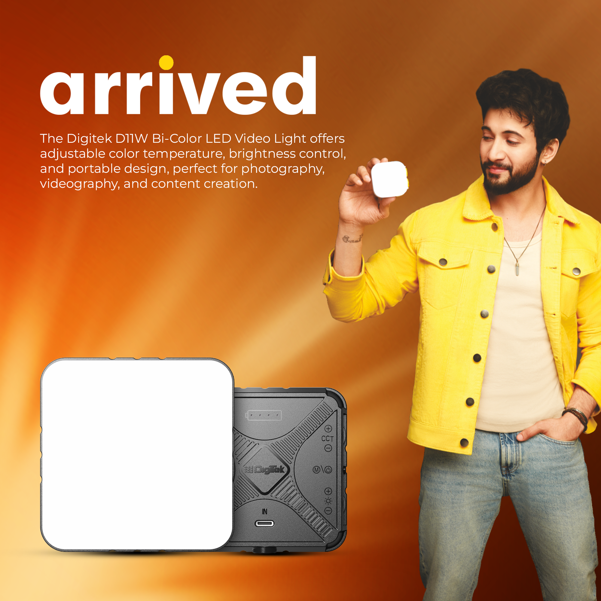 Digitek (LED-D11W Bi Color) Mini 11W Bi-Color LED Video Light with 120° Beam Angle, 2000mAh Battery, Brightness Adjustment, 2500K–9900K, Type-C Charging, 1/4" Mount, 40 LEDs Bulbs, for Vlogs & Live Streaming