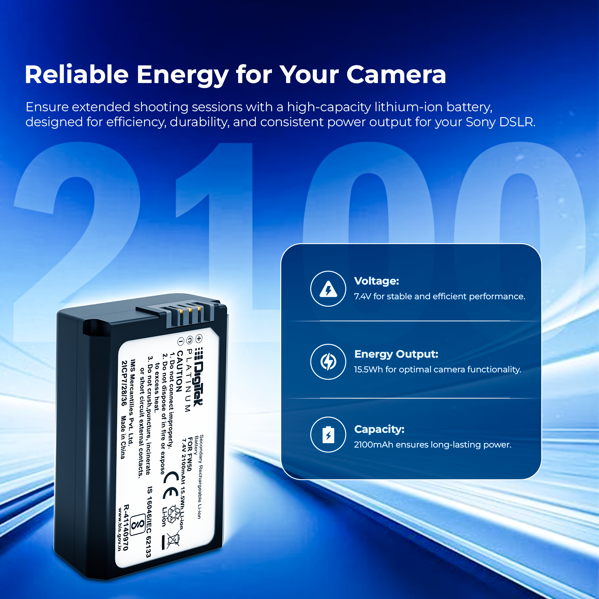 بطارية ديجيتك (بلاتينيوم FW-50) ليثيوم أيون قابلة لإعادة الشحن لكاميرات سوني DSLR | التوافق: كاميرات سلسلة ألفا NEX-3، 5، 6، و7، وكاميرات DSLR-SLT-A33 وDSLR-SLT-A55