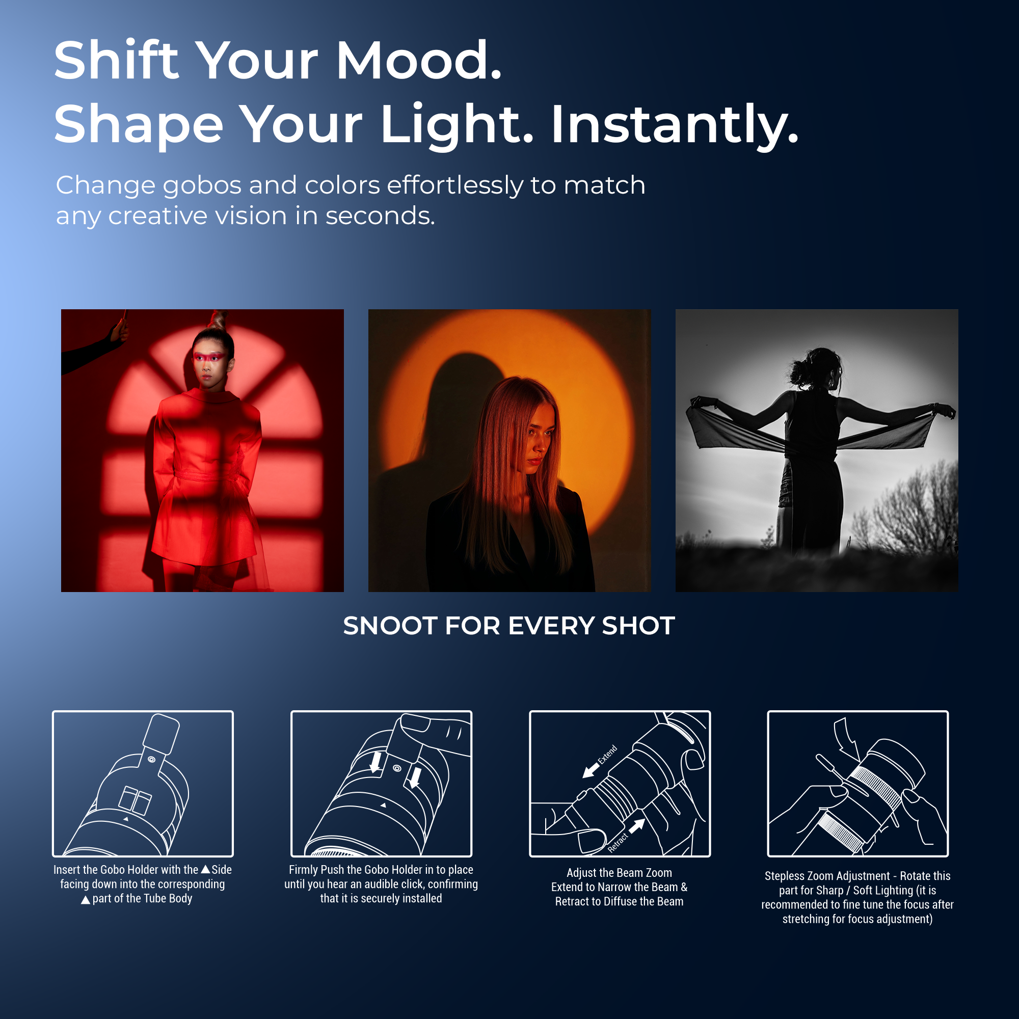 Digitek (DS 40 WTP PRO) Portable Torch Projector Snoot with Dedicated Professional Lens & Push Pull Adjustable Focused Beam, 20 Projection GOBOs