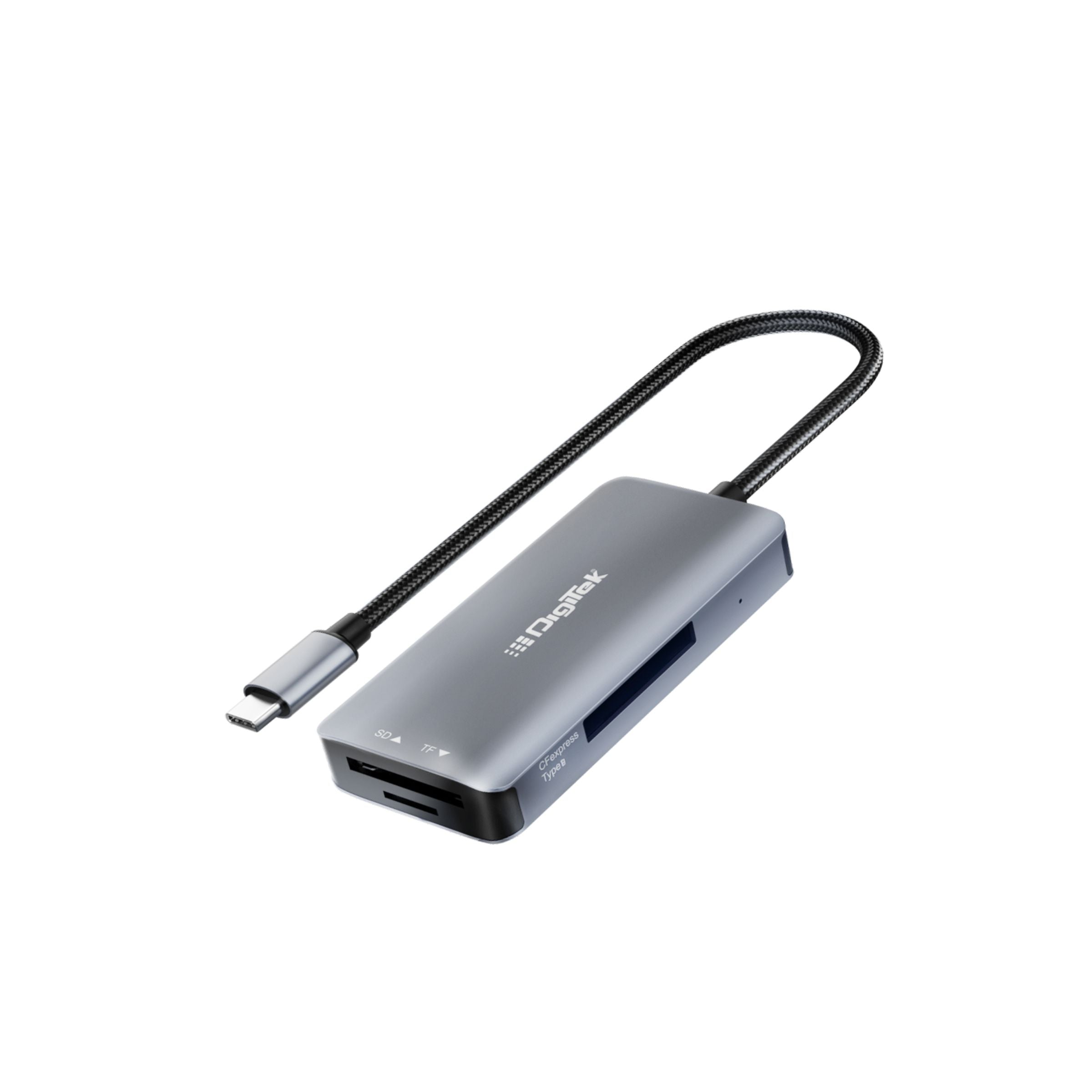 قارئ بطاقات Digitek (DCR-104 CFB) ثنائي الوظائف، يدعم بطاقات CF Express من النوع B و SDXC، وUSB 3.2 و 3.0، ويدعم بطاقات SD/SDHC/SDXC/UHS-I/UHS II، ويتوافق مع أنظمة التشغيل Mac OS و iPad OS و Windows و Android و Linux و Harmony. 