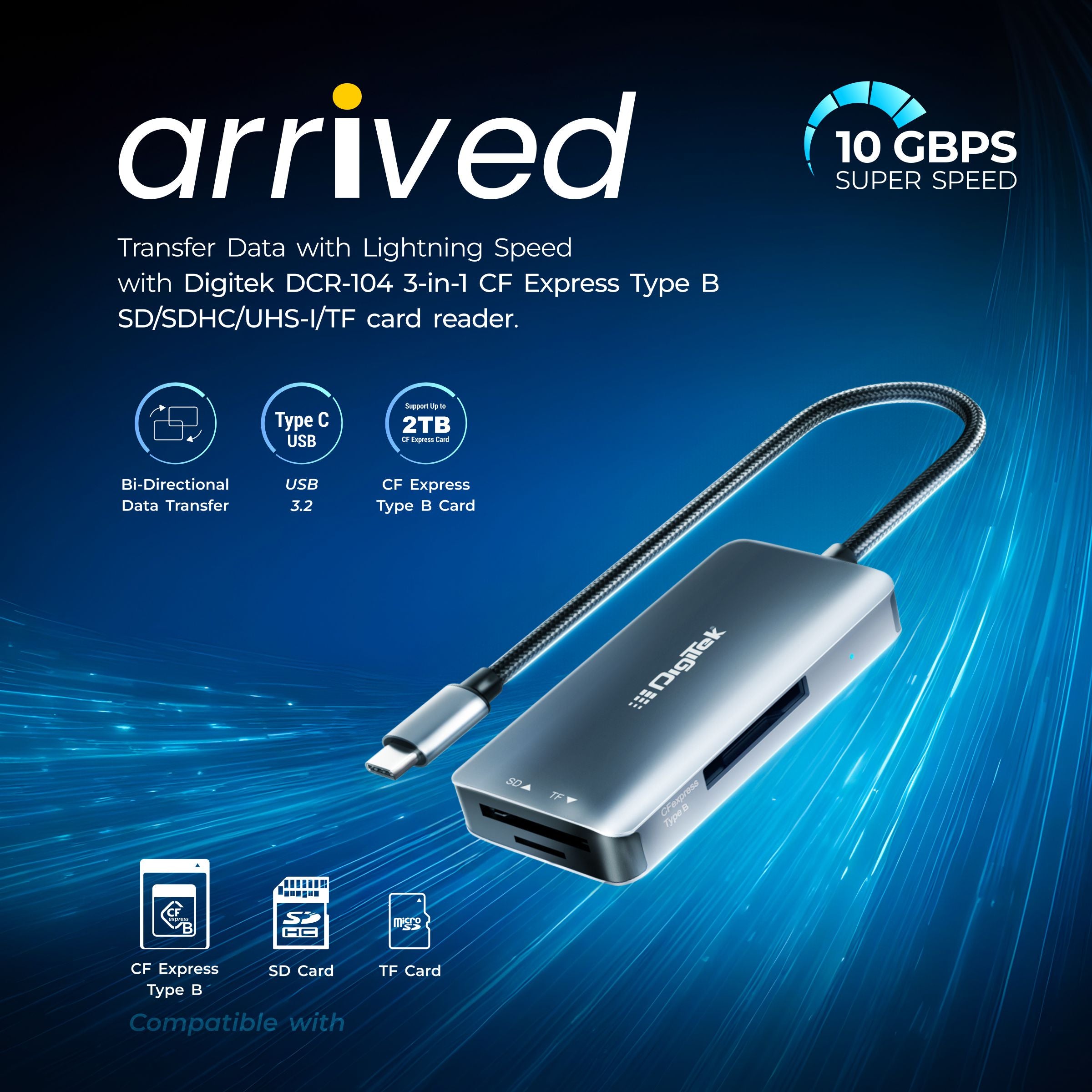قارئ بطاقات Digitek (DCR-104 CFB) ثنائي الوظائف، يدعم بطاقات CF Express من النوع B و SDXC، وUSB 3.2 و 3.0، ويدعم بطاقات SD/SDHC/SDXC/UHS-I/UHS II، ويتوافق مع أنظمة التشغيل Mac OS و iPad OS و Windows و Android و Linux و Harmony. 