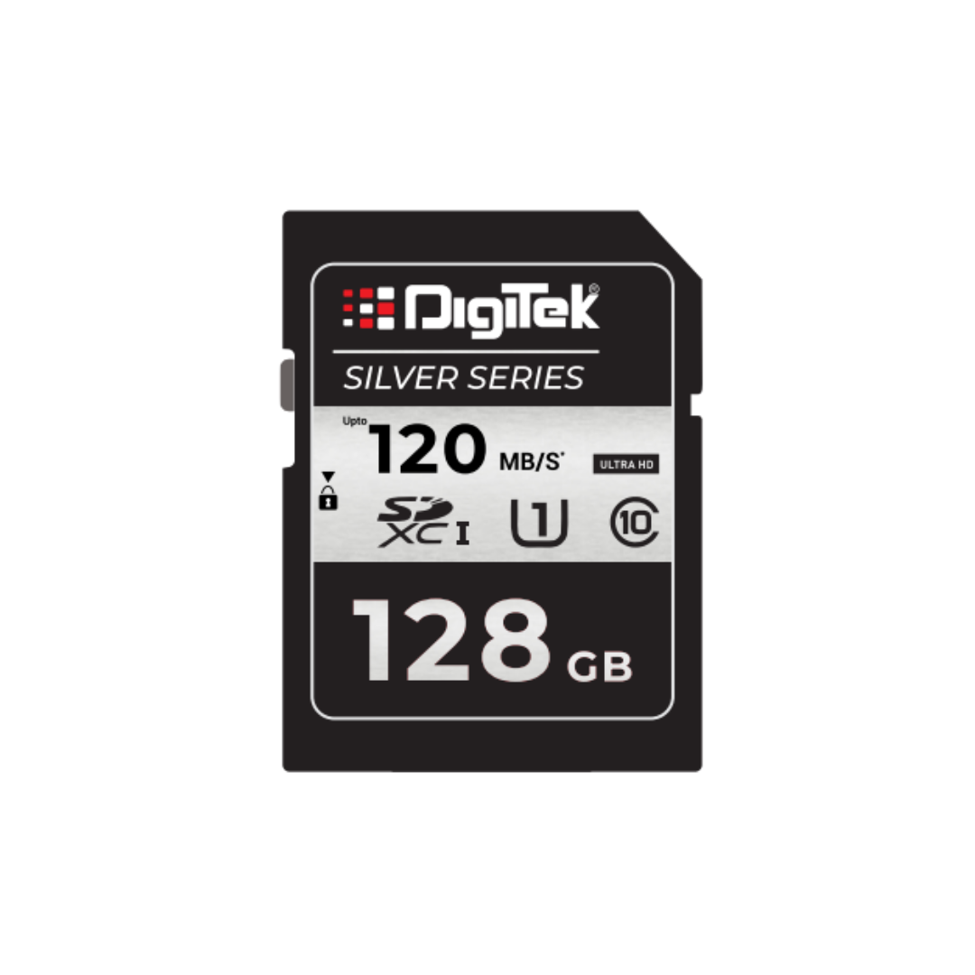 Digitek (DUHS-I 128GB SD C10 SILVER) Ultra HD 128GB SDXC UHS-I C10 Memory Card, 4K UHD, 120MB/s Read, 80MB/s Write, U1, Silver Series Camera Card