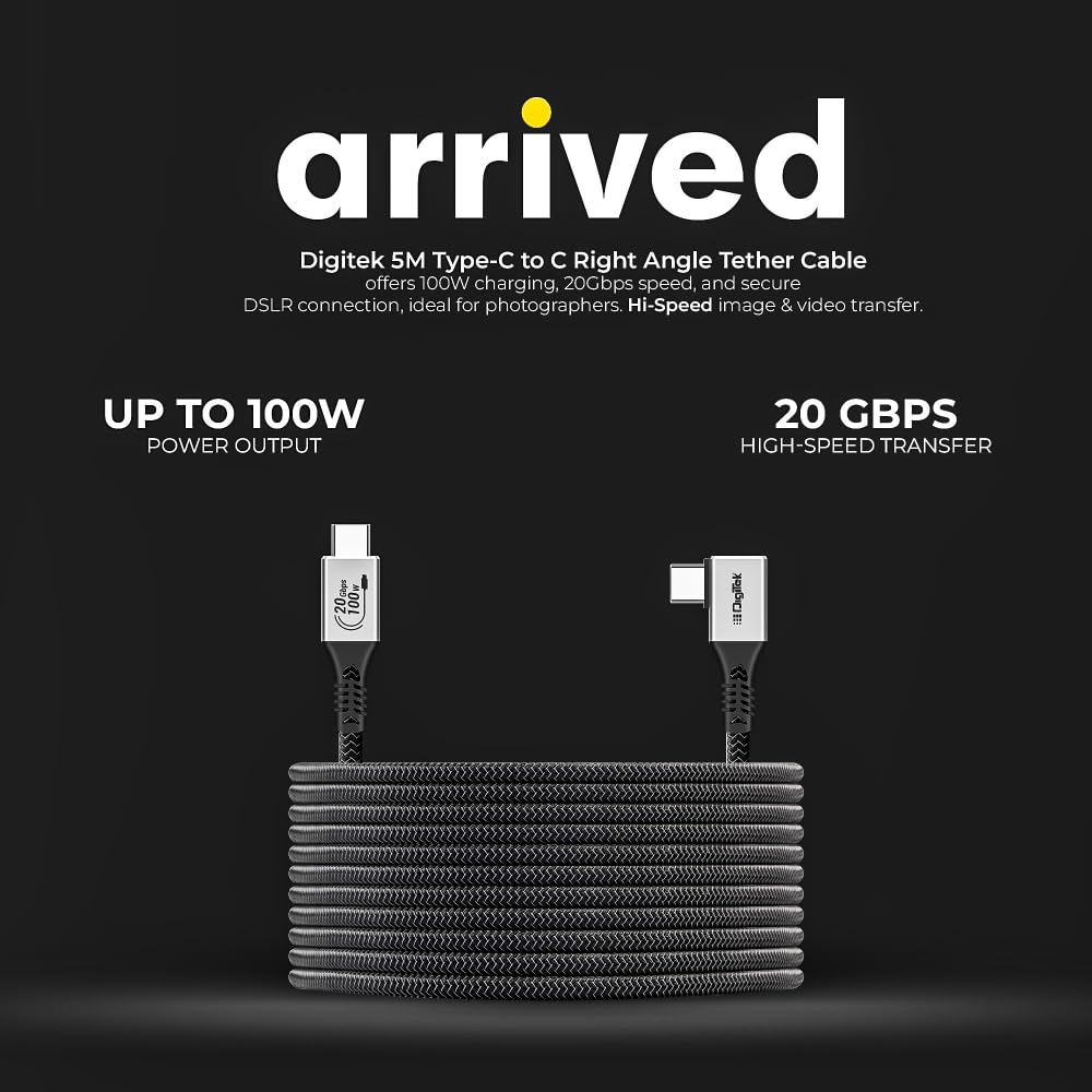 كابل Digitek® (DC 5M-TC2C 3.2) من النوع C إلى النوع C بزاوية قائمة، بطول 5 أمتار، مضفر من النايلون، شحن سريع بقدرة 100 واط، نقل بيانات بسرعة 20 جيجابت في الثانية، ثنائي الاتجاه، لتطبيقات التصوير الفوتوغرافي والفيديو.