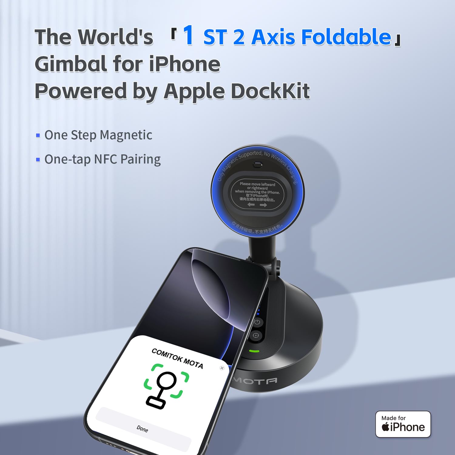 مثبت جيمبال من موتا مخصص لأجهزة آيفون فقط، [معتمد من Apple MFi] حامل آيفون لتسجيل الفيديو مع حامل مغناطيسي للمكتب، جيمبال بتتبع تلقائي 360 درجة لمدونات الفيديو، يوتيوب وتيك توك 