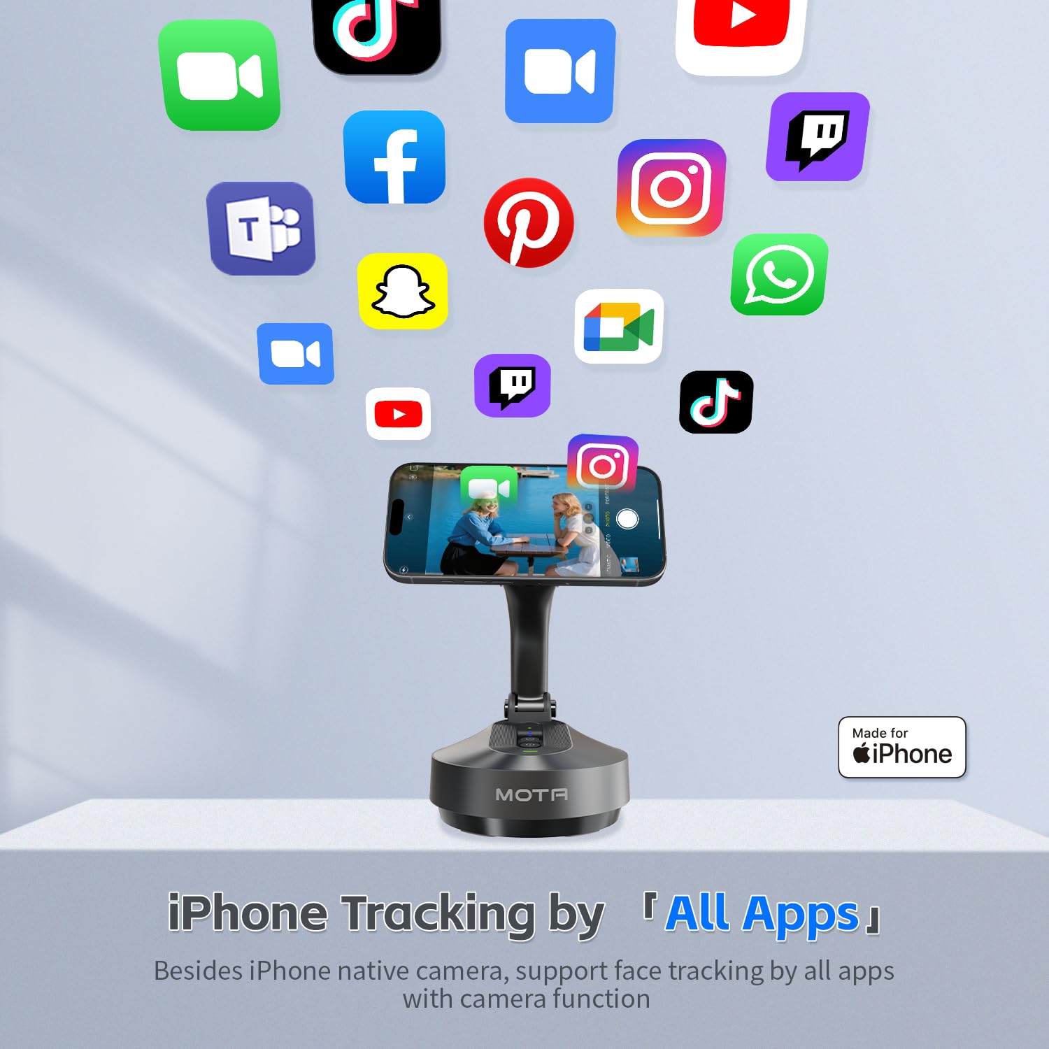 مثبت جيمبال من موتا مخصص لأجهزة آيفون فقط، [معتمد من Apple MFi] حامل آيفون لتسجيل الفيديو مع حامل مغناطيسي للمكتب، جيمبال بتتبع تلقائي 360 درجة لمدونات الفيديو، يوتيوب وتيك توك 