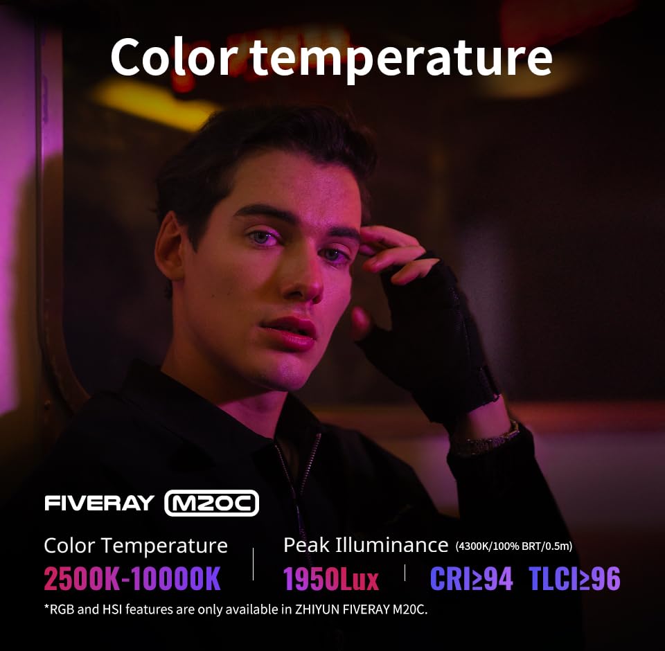 ZHIYUN FIVERAY M20C Combo [Official] RGB Video Light, 20W Portable Camera Light, HSI Mode, TLCI 96+, Temperature 2500K-10000K with 16 Light Effects, Support Magnetic Attraction and App with USB-C PD