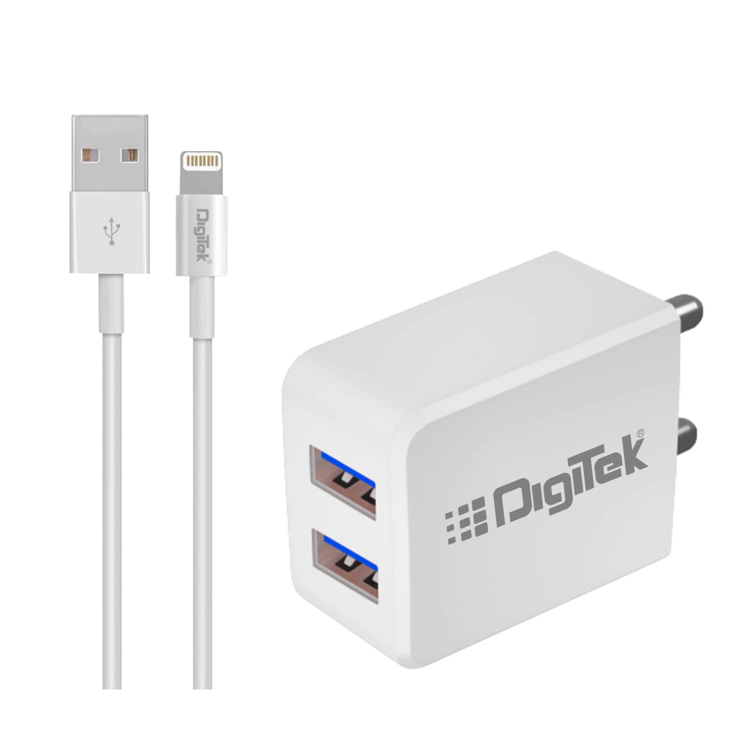 شاحن سفر ثنائي المنافذ USB من Digitek (DMC-101 LTC) 5 فولت / 3.1 أمبير، شاحن حائط مع كابل Lightning عالي الدقة، محول شحن سريع مناسب للهواتف الذكية والأجهزة اللوحية وأجهزة iPhone و iPod و iPad والهواتف المحمولة وغيرها من أجهزة USB. 