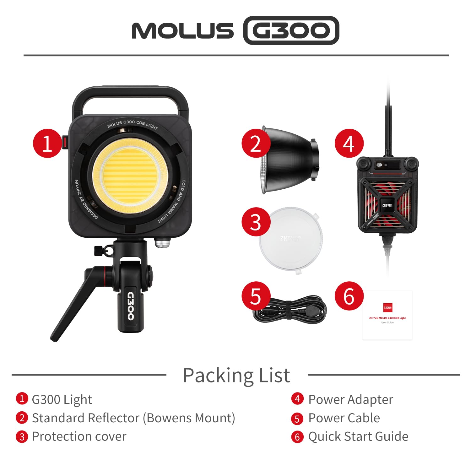 ZHIYUN MOLUS G300 [Official] 300W LED Video Light with APP Control, COB Bi-Color Light Bowens Mount Continuous Output Lighting 2700K-6500K TLCI≥97 CRI≥95, 15500Lux/1m 14 Effects for Studio Photography
