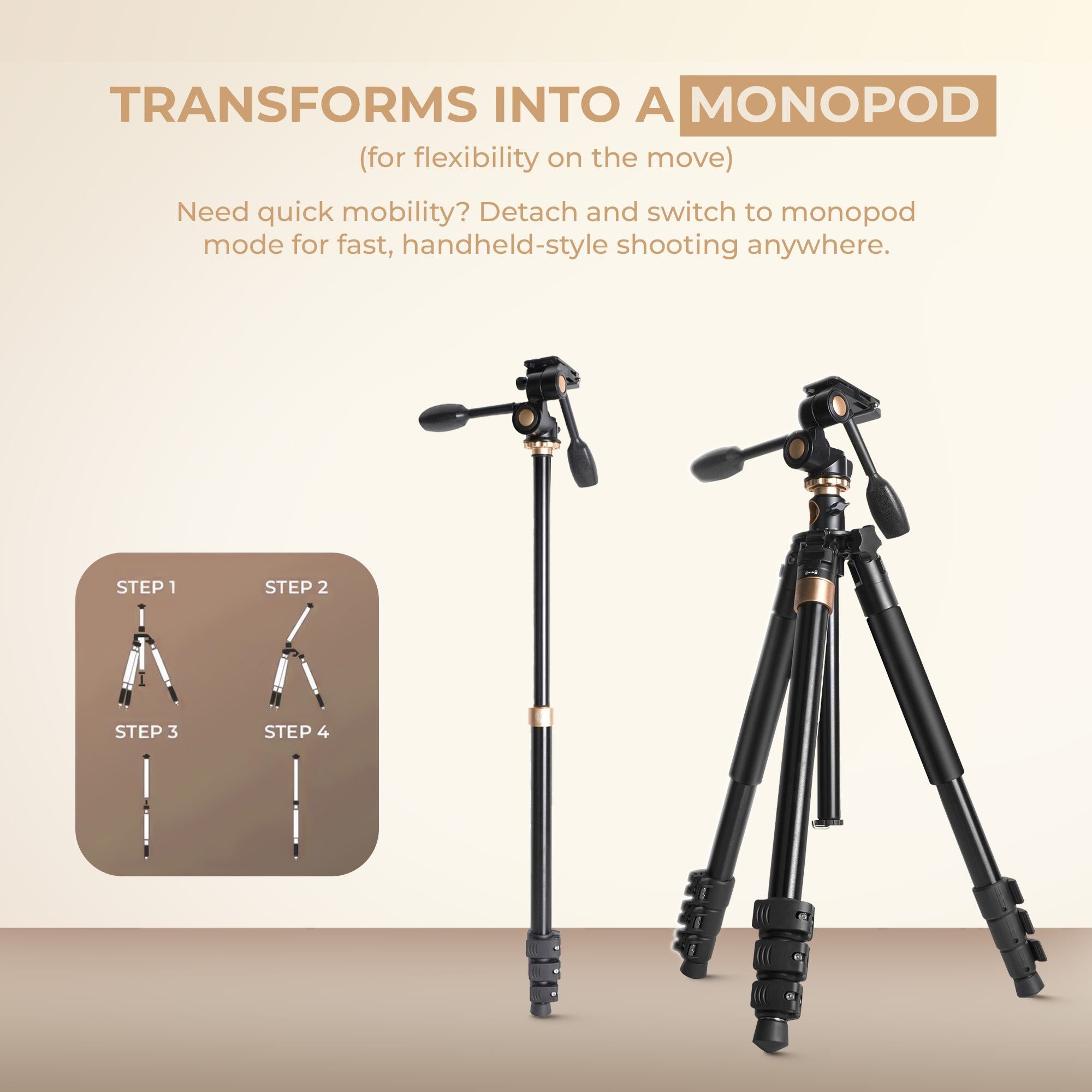 Digitek (DTR 620 BH) Multi-Angle 6ft DV Tripod Cum Monopod, 3-Way Pan & Tilt Head, Central Column for Tabletop & Vertical Shots, 20Kg Max Load, 4-Section Adjustable, Quick Release & Flip Leg Lock