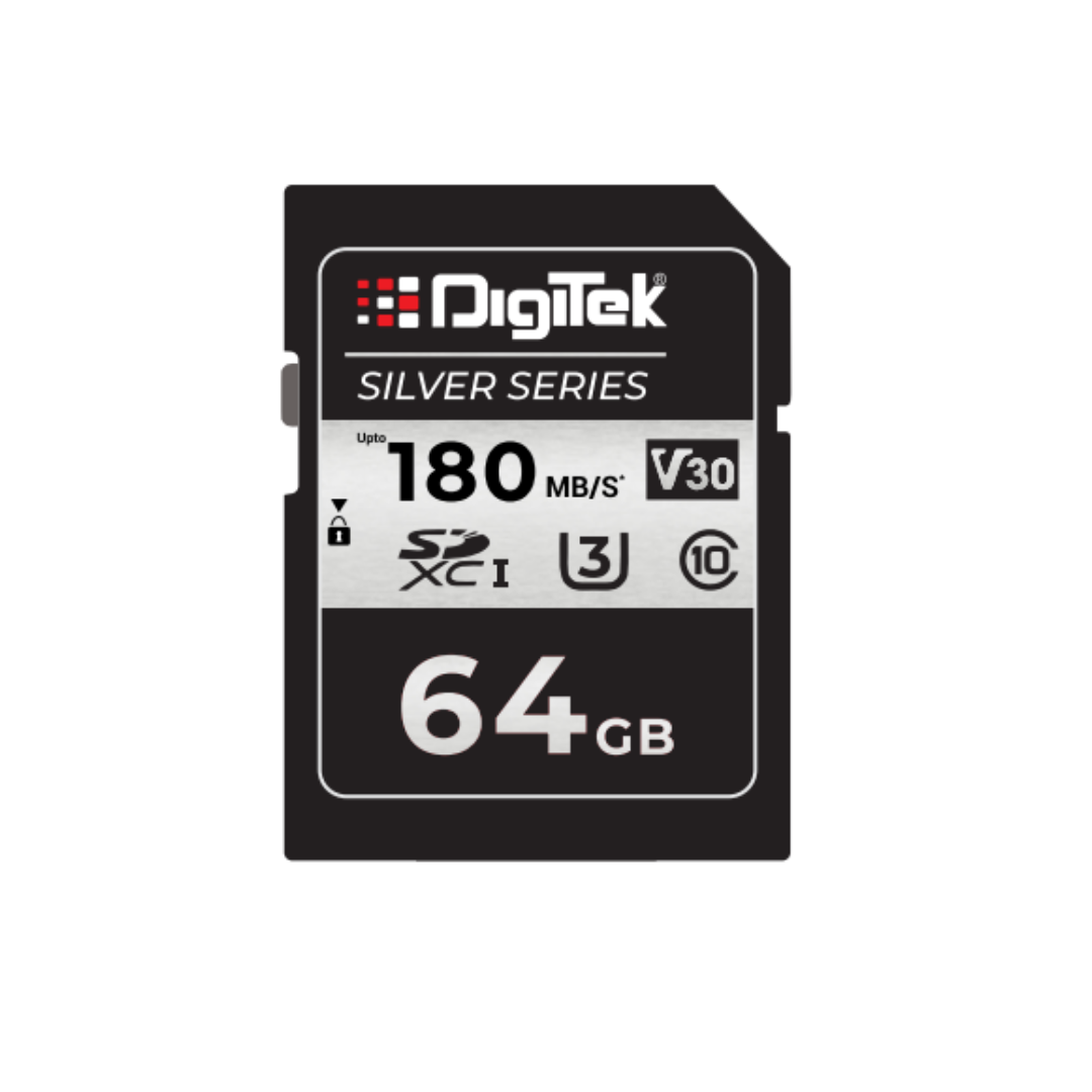 Digitek (DUHS-1 64GB SD SILVER) SDXC V30 UHS-I U3 Memory Card, Up to 180MB/s Read & 160MB/s Write Speed, 4K UHD, RAW Recording, C10, Durable Silver Edition
