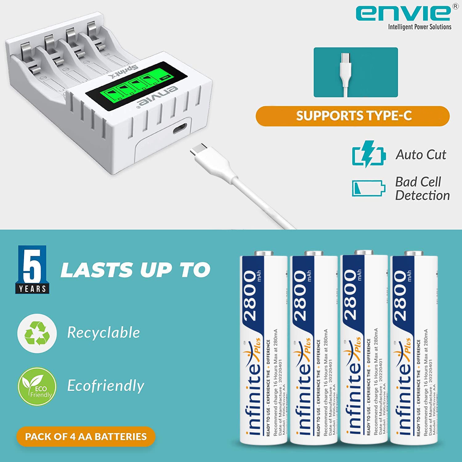 ENVIE (ECR11MC + 2800 4PL) SprintX Ultra Fast Rechargeable Batteries Charger for AA & AAA Ni-MH with 4xAA2800mah Rechargeable Batteries, with Over Charge Protection