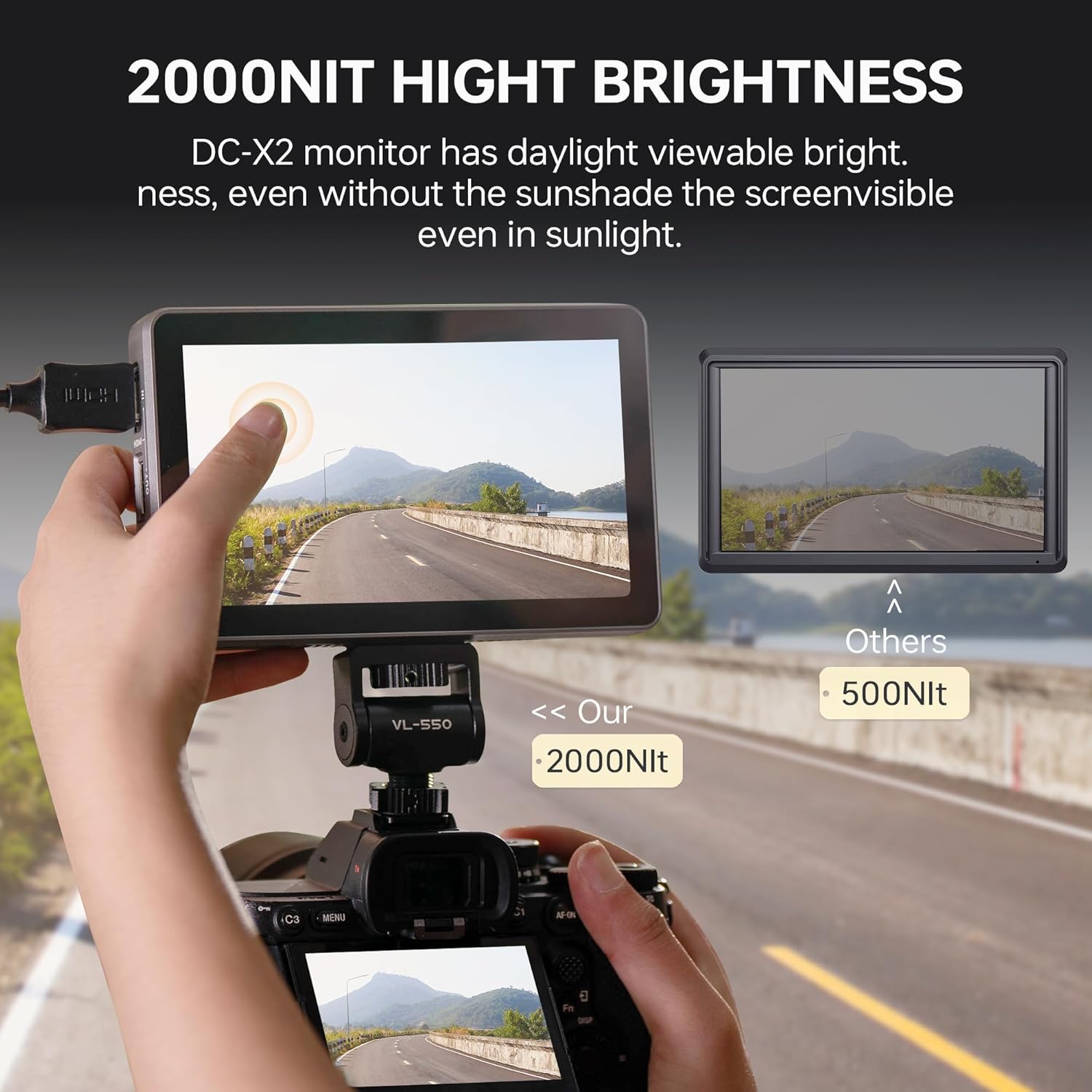 شاشة عرض كاميرا ميدانية تعمل باللمس من فيلتروكس DC-X3 مقاس 6 بوصات، شاشة تصوير احترافية بدقة 4K، منفذ HDMI 1.4 / 3G-SDI، سطوع 2000 شمعة، مزودة ببطارية، وغطاء واقٍ من الشمس، ومنفذ USB-A، وذاكرة عرض ثلاثية الأبعاد. 