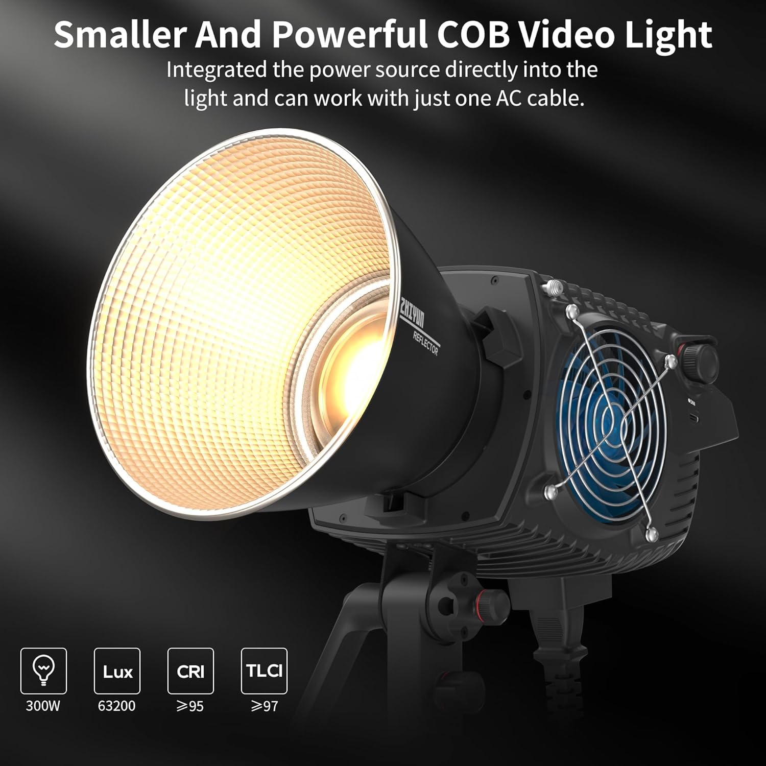 مصباح فيديو ZHIYUN Molus B300 [رسمي] بقوة 300 واط، مصباح فيديو LED بتقنية COB مع حامل Bowens، مصباح استوديو ثنائي اللون، 63200 لوكس/1 متر/2700-6500 كلفن/مؤشر تجسيد اللون ≥95/مؤشر اتساق الإضاءة التلفزيونية ≥97/تحكم عبر التطبيق، 13 تأثيرًا ساطعًا 