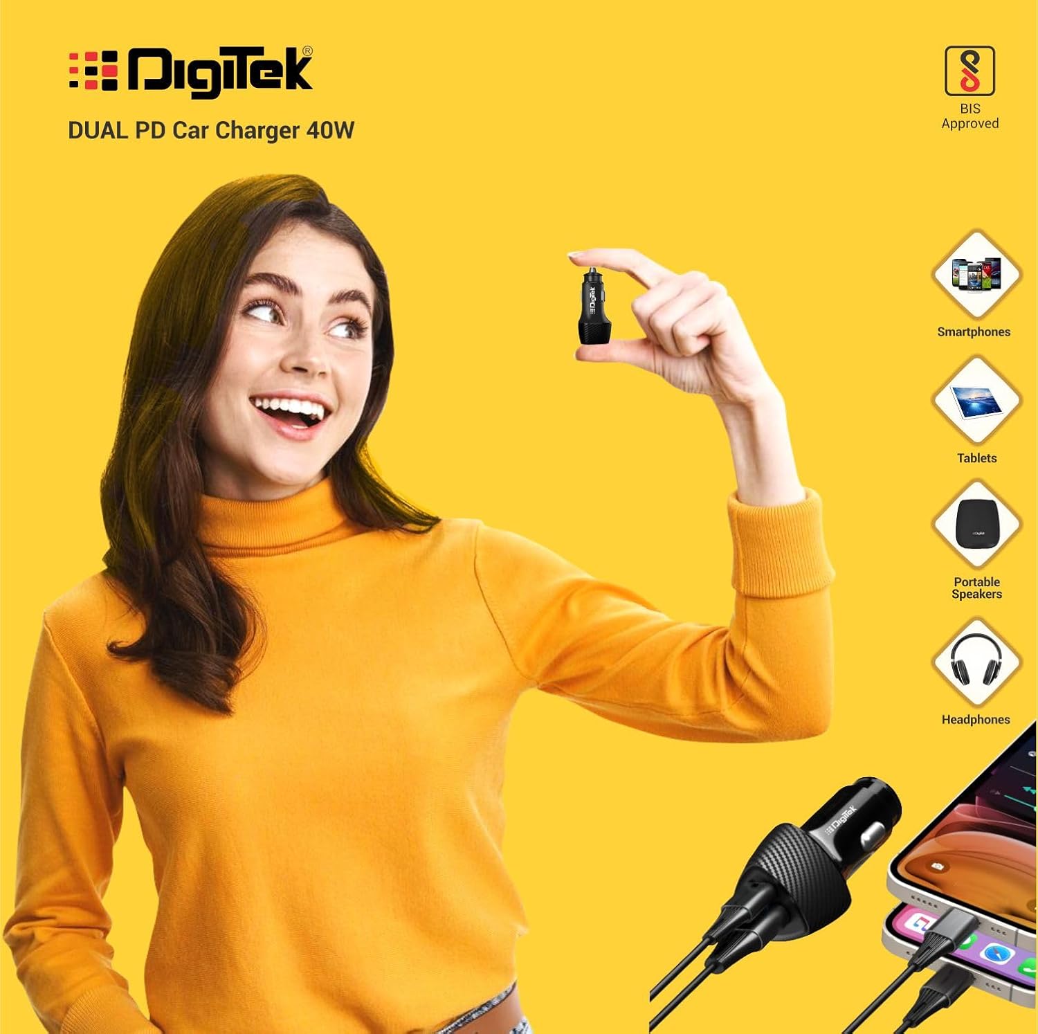 شاحن سيارة سريع من ديجيتك (DMC 2PD 40W) بمخرج مزدوج، 40 واط إجمالي (20 واط + 20 واط من النوع C PD)، محول شحن سريع للهواتف الذكية والأجهزة اللوحية التي تعمل بنظامي iOS و Android (أسود)