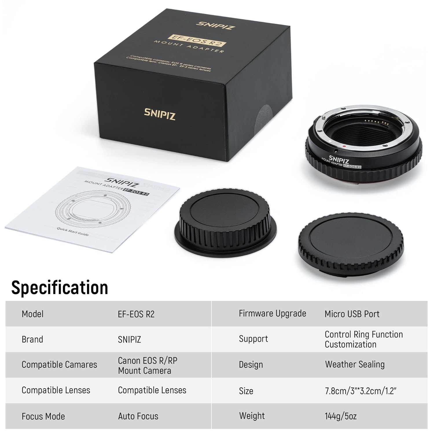 SNIPIZ EF-EOS R2 Lens Mount Adapter EF/EF-S Lens to RF Mount Camera Autofocus Lens Converter Compatible with Canon EF/EF-S Lens to EOS R, RP, R3, R5, R6, R6II, R7, R8, R10, R50, R100 Cameras