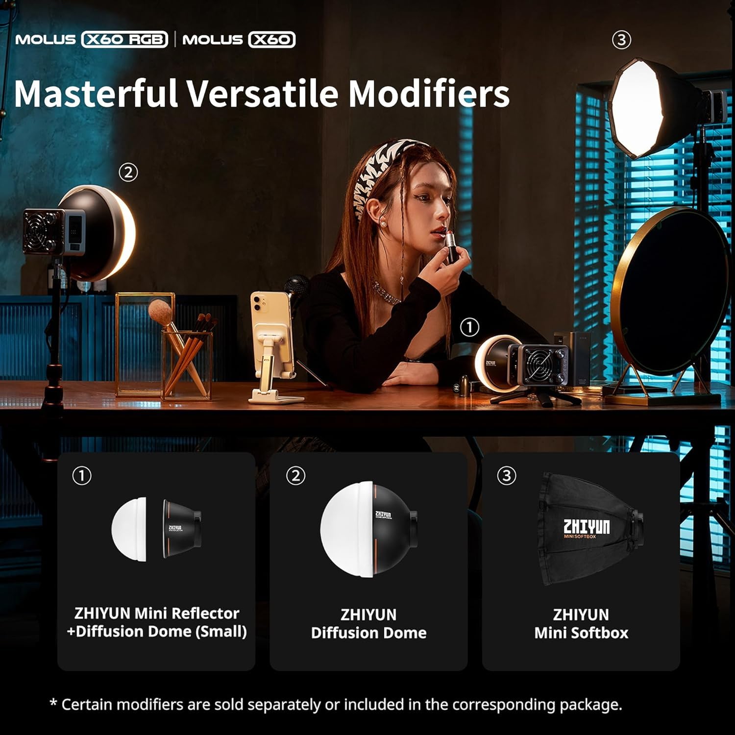 ZHIYUN RGB Video Light Molus X60 RGB Pro [Official] 60W with 2 * 2500mAh Battery and Mini Softbox, LED Photography Lighting 2700K to 6500K Dimmable, CRI 95, TLCI 98, for Streaming YouTube TikTok