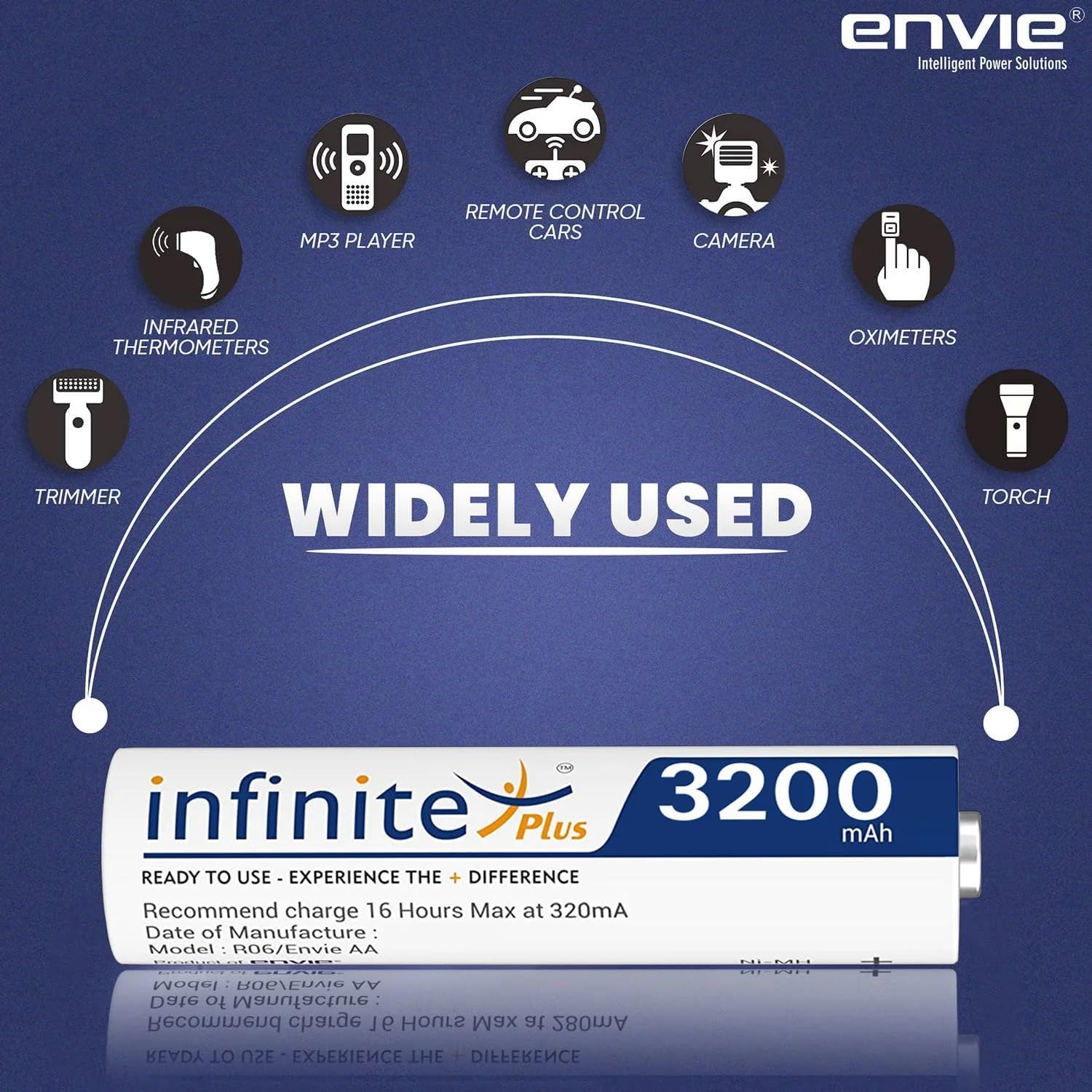 شاحن بطاريات قابل لإعادة الشحن ENVIE (ECR 20 MC+4xAA3200) لبطاريات AA و AAA Ni-mh/Ni-Cd مع بطاريات AA3200 Infinite Plus 4PL القابلة لإعادة الشحن