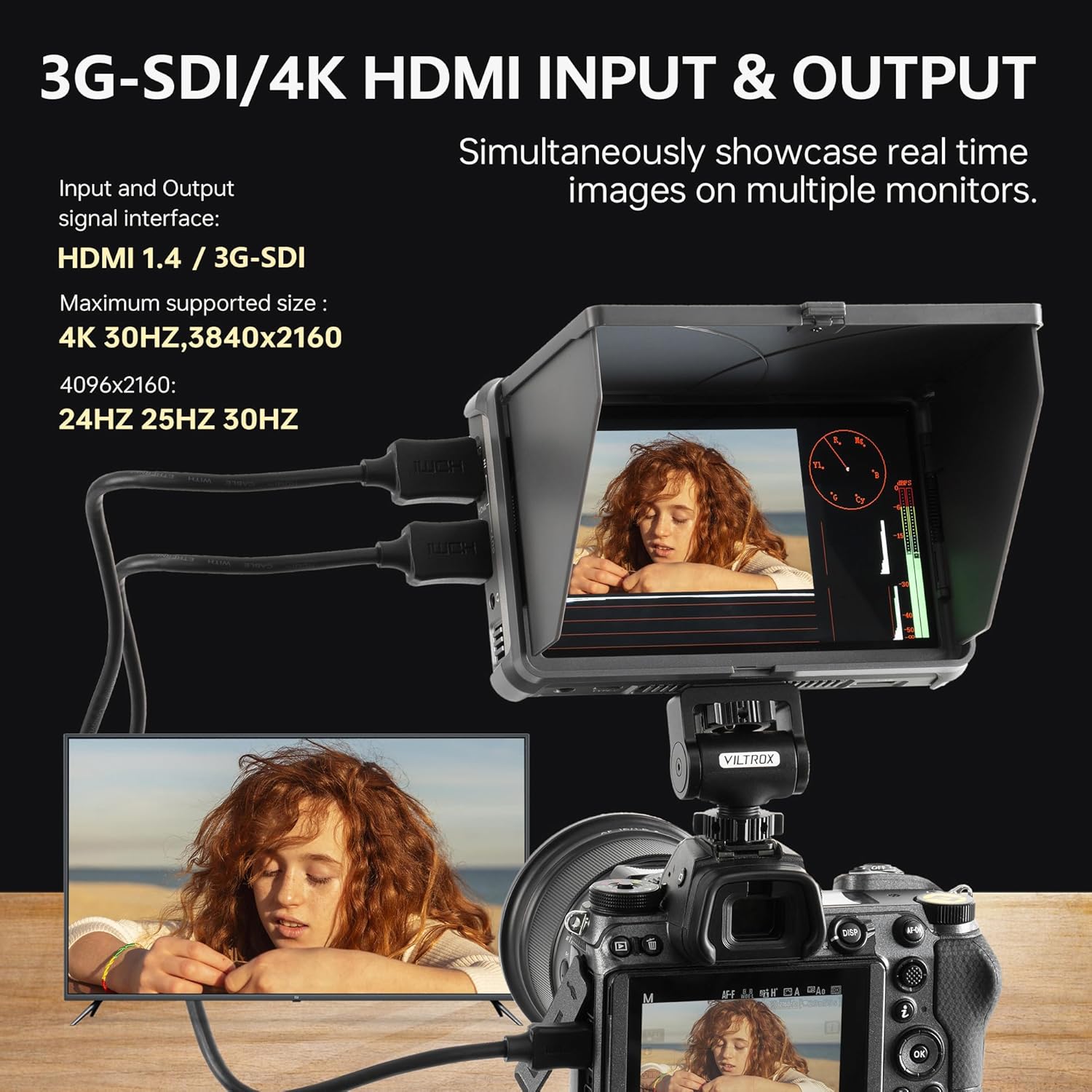 شاشة عرض كاميرا ميدانية تعمل باللمس من فيلتروكس DC-X3 مقاس 6 بوصات، شاشة تصوير احترافية بدقة 4K، منفذ HDMI 1.4 / 3G-SDI، سطوع 2000 شمعة، مزودة ببطارية، وغطاء واقٍ من الشمس، ومنفذ USB-A، وذاكرة عرض ثلاثية الأبعاد. 