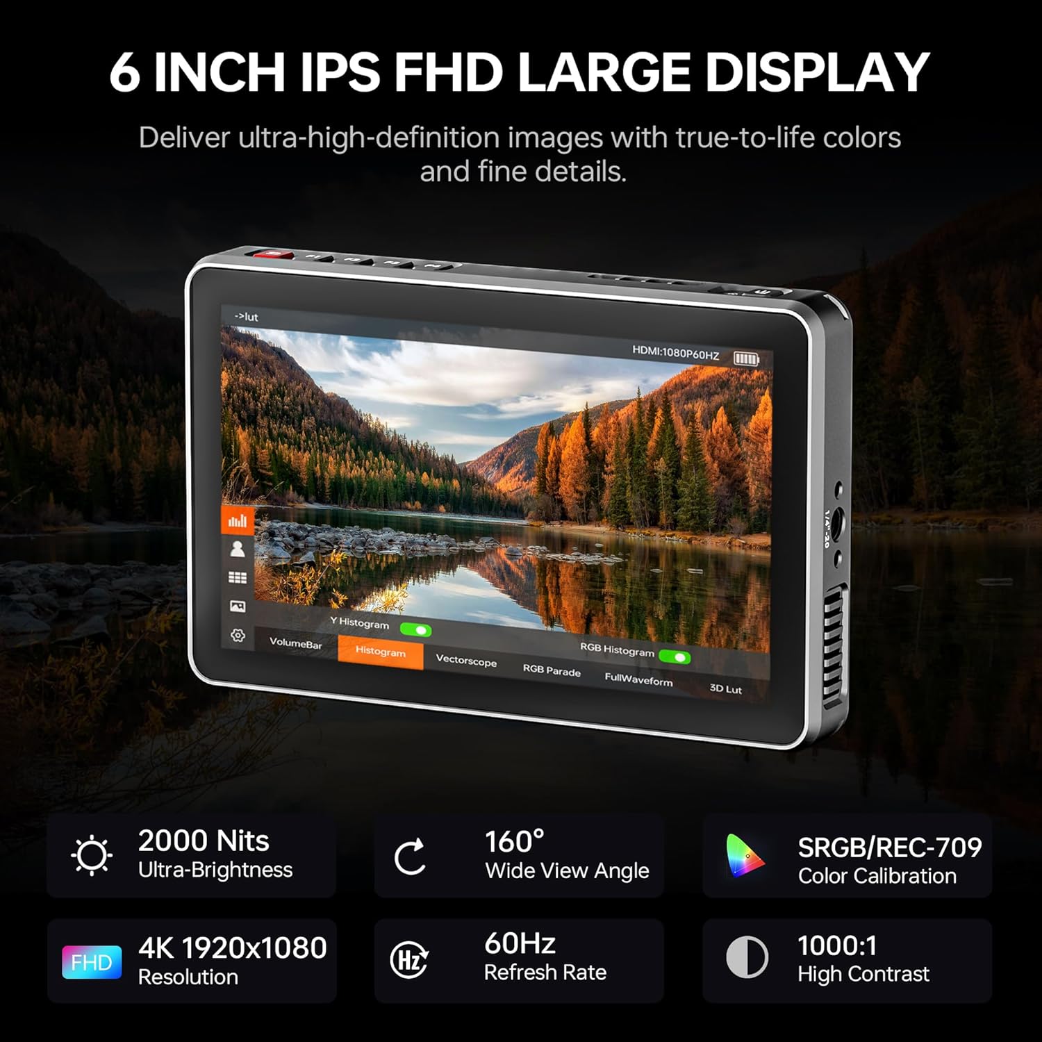 طقم شاشة مراقبة ميدانية للكاميرا VILTROX DC-X3 مع قفص تثبيت، شاشة لمسية 2000 شمعة/م² مع مدخلات/مخرجات SDI/4K HDMI، شاشة IPS عالية الدقة بالكامل 6 بوصات بدقة 1920×1080، جداول بحث ثلاثية الأبعاد، مساعد تركيز بؤري، غطاء واقٍ من الشمس، بطارية 