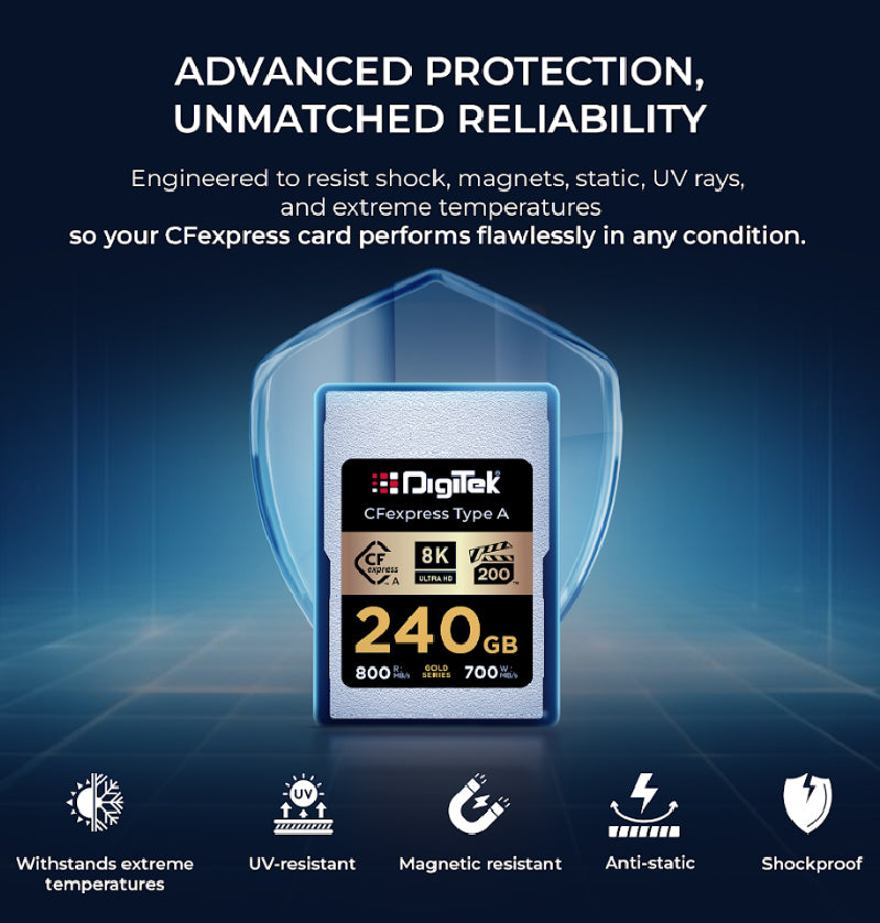 بطاقة ذاكرة Digitek (DCFA 240GB Gold Series) من نوع CFexpress A - سرعة قراءة 800 ميجابايت/ثانية، سرعة كتابة 700 ميجابايت/ثانية، تدعم دقة 8K فائقة الوضوح، تقنية Nytro Boost، تقنية Perfect Frame، ضمان 5 سنوات، لتصوير فيديو عالي السرعة بدقة 8K