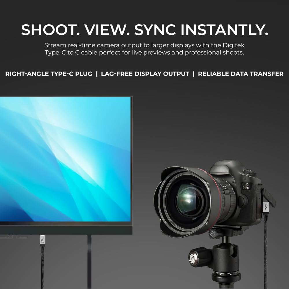 كابل Digitek® (DC 5M-TC2C 3.2) من النوع C إلى النوع C بزاوية قائمة، بطول 5 أمتار، مضفر من النايلون، شحن سريع بقدرة 100 واط، نقل بيانات بسرعة 20 جيجابت في الثانية، ثنائي الاتجاه، لتطبيقات التصوير الفوتوغرافي والفيديو.