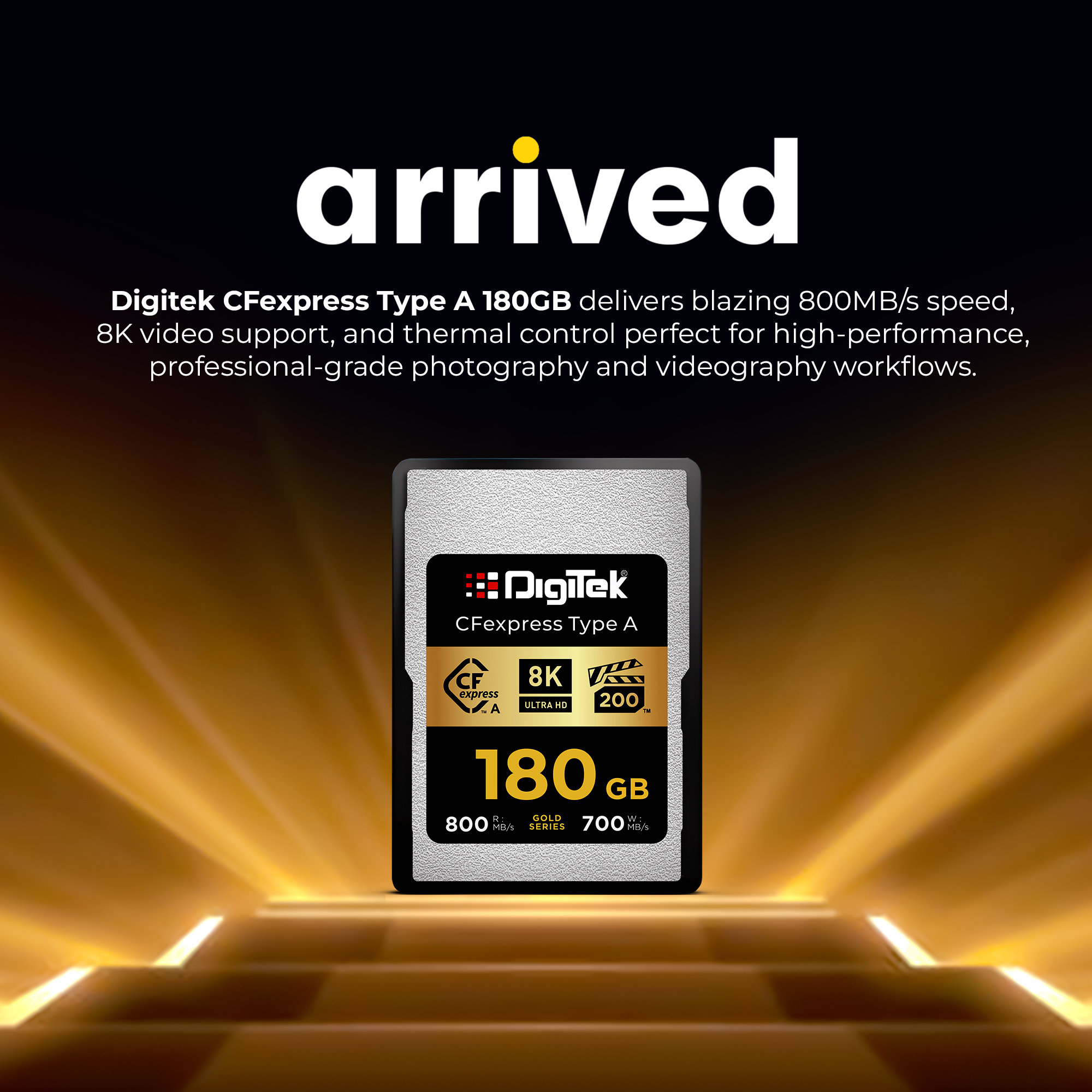 بطاقة ذاكرة Digitek (DCFA 180GB Gold Series) CFexpress من النوع A - سرعة قراءة 800 ميجابايت/ثانية، سرعة كتابة 700 ميجابايت/ثانية، تدعم دقة 8K فائقة الوضوح، تقنية Nytro Boost، التقاط إطارات مثالية، ضمان 5 سنوات، لتصوير فيديو عالي السرعة بدقة 8K