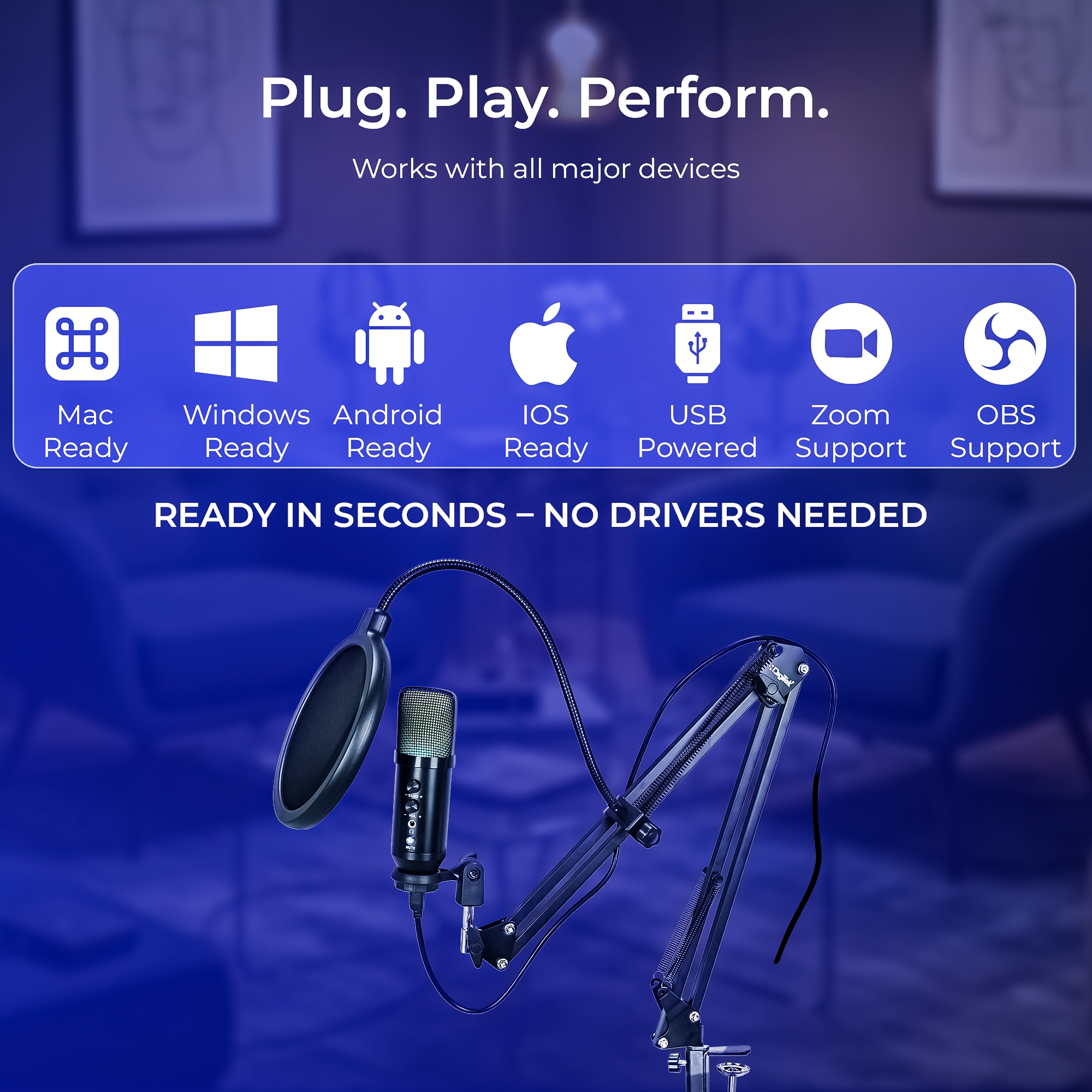 Digitek (DM 401) RGB USB Condenser Microphone Kit with BoomArm, Pop Filter, Shock Mount, Mic Cover, Desktop Mount, Tripod & 1.5M USB Cable, Compatible with PS4/PS5, Window & Mac PC/Laptop/Smartphone, for Podcasting, Gaming, Singing & Live Streaming