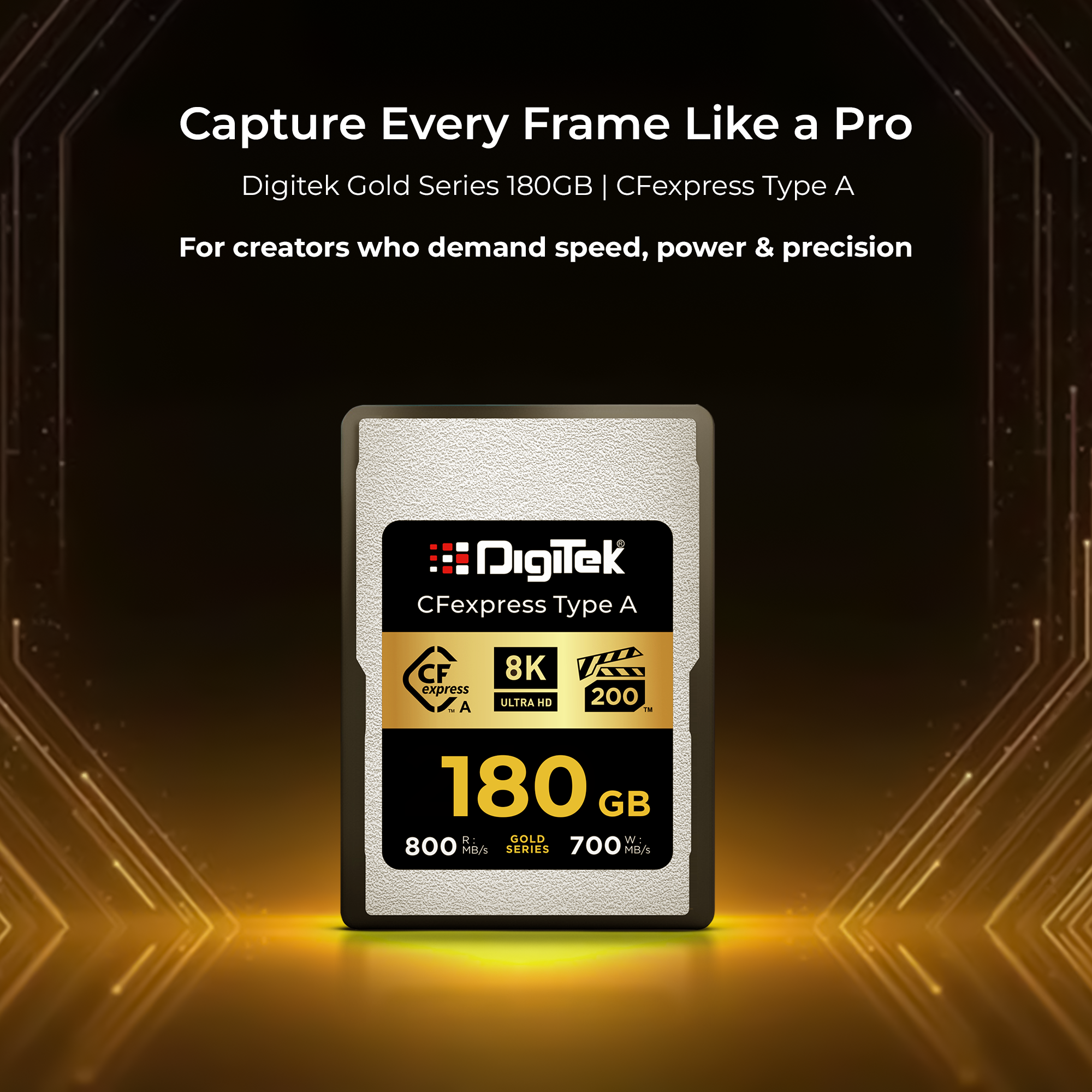 بطاقة ذاكرة Digitek (DCFA 180GB Gold Series) CFexpress من النوع A - سرعة قراءة 800 ميجابايت/ثانية، سرعة كتابة 700 ميجابايت/ثانية، تدعم دقة 8K فائقة الوضوح، تقنية Nytro Boost، التقاط إطارات مثالية، ضمان 5 سنوات، لتصوير فيديو عالي السرعة بدقة 8K