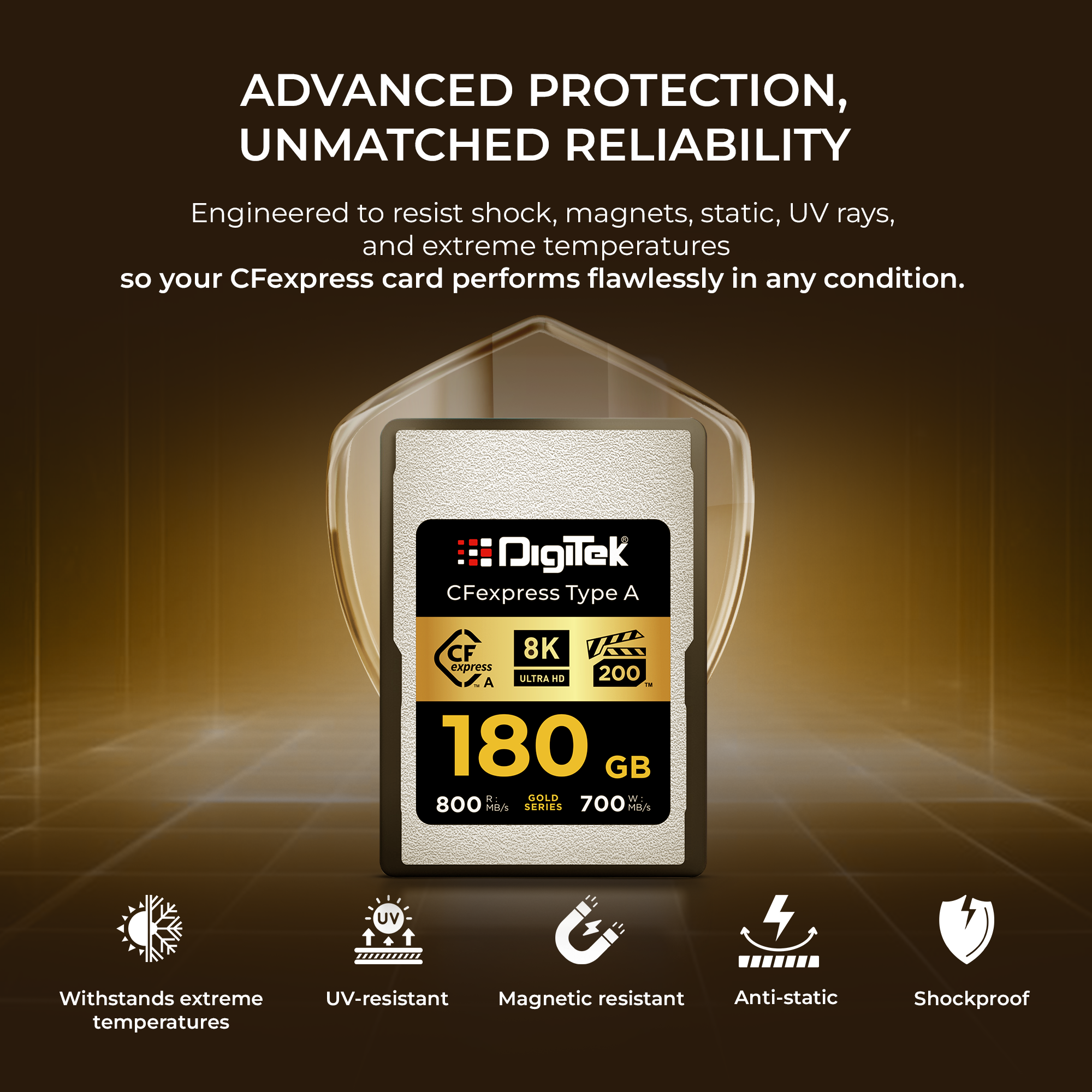 بطاقة ذاكرة Digitek (DCFA 180GB Gold Series) CFexpress من النوع A - سرعة قراءة 800 ميجابايت/ثانية، سرعة كتابة 700 ميجابايت/ثانية، تدعم دقة 8K فائقة الوضوح، تقنية Nytro Boost، التقاط إطارات مثالية، ضمان 5 سنوات، لتصوير فيديو عالي السرعة بدقة 8K