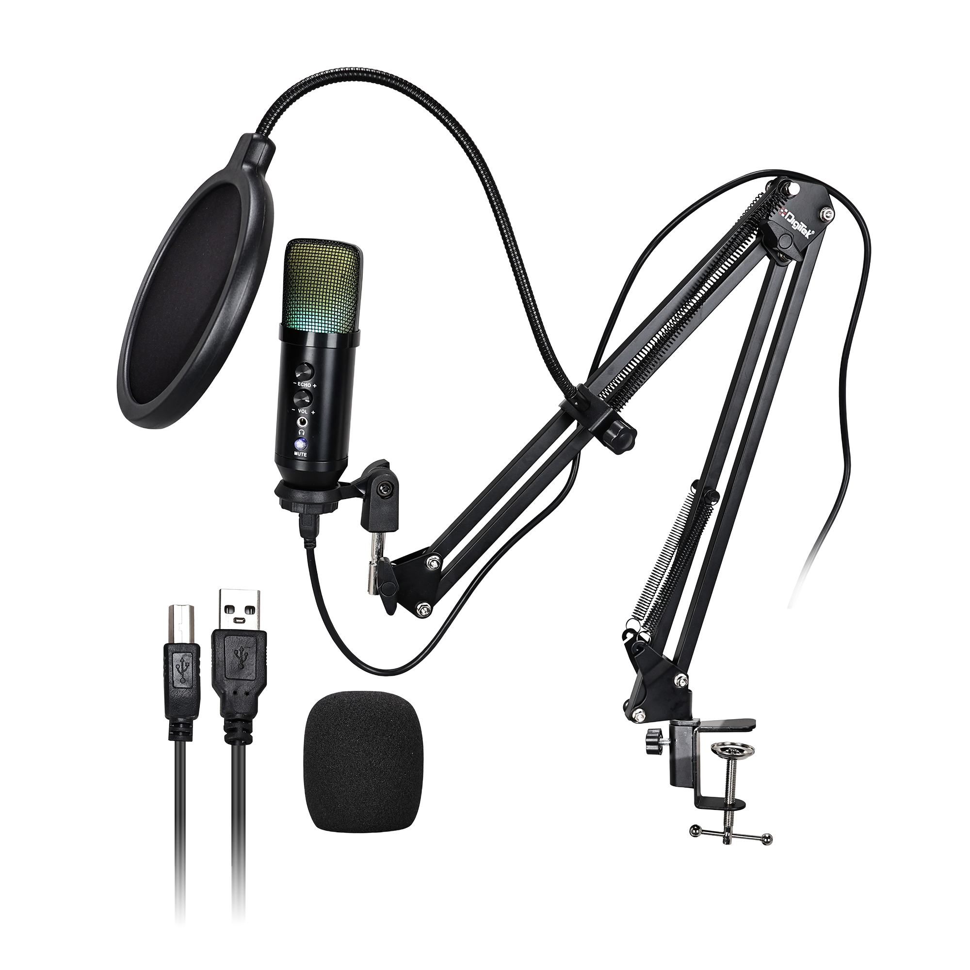Digitek (DM 401) RGB USB Condenser Microphone Kit with BoomArm, Pop Filter, Shock Mount, Mic Cover, Desktop Mount, Tripod & 1.5M USB Cable, Compatible with PS4/PS5, Window & Mac PC/Laptop/Smartphone, for Podcasting, Gaming, Singing & Live Streaming