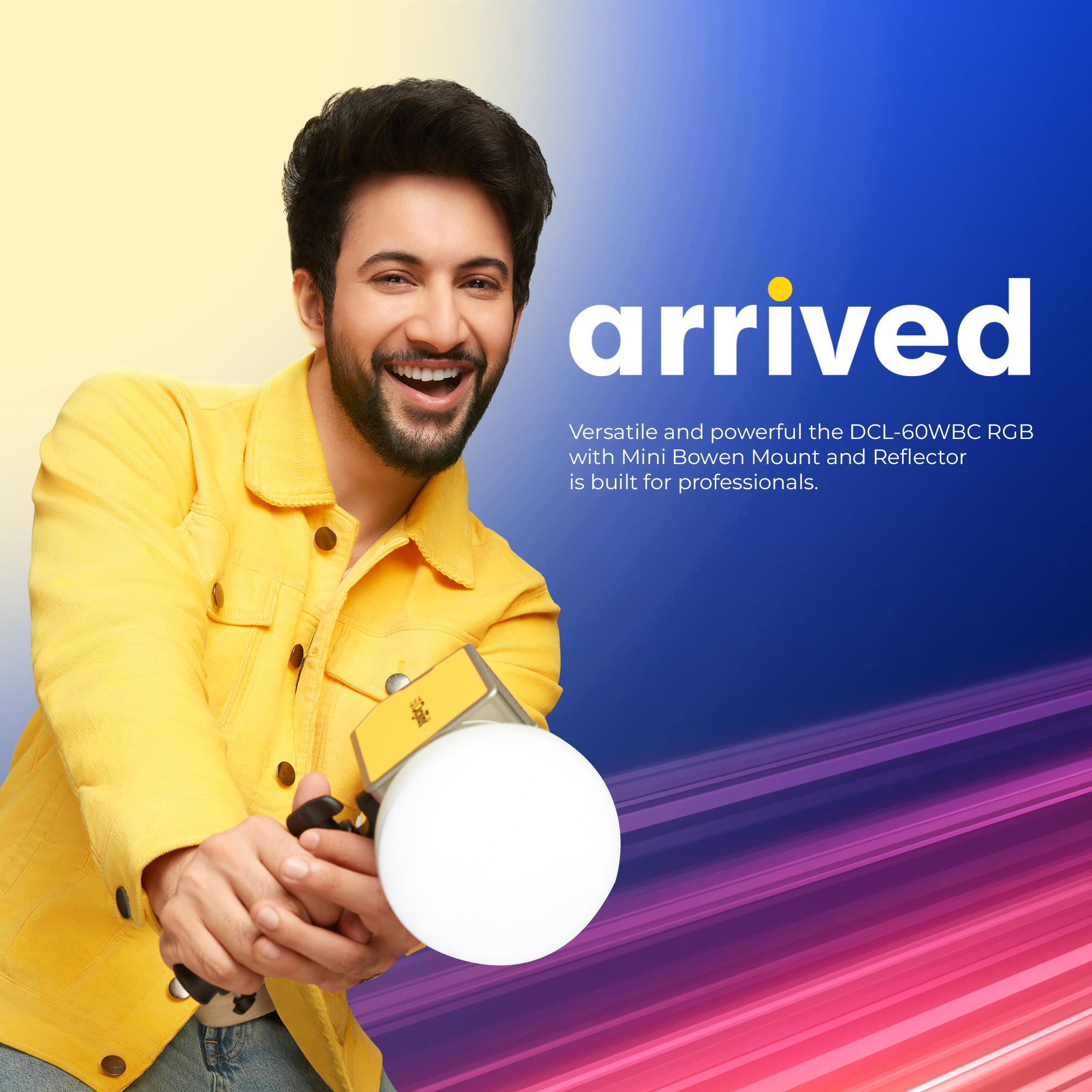 مصباح ديجيتك (DCL-60W RGB) LED RGB مستمر بقوة 60 واط، مزود بعاكس وحامل صغير من نوع بوين. تصميم عصري فريد ودقيق يلبي تطلعات المصورين المحترفين.