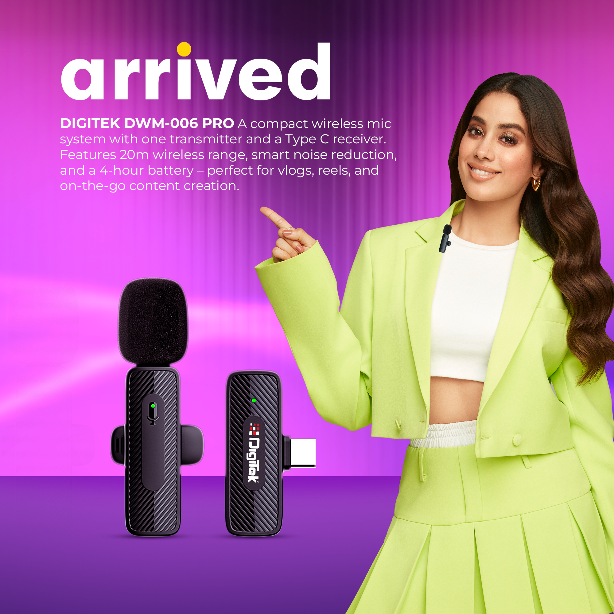 ميكروفون وجهاز استقبال لاسلكي من ديجيتك® (DWM-006 PRO) بموصل من النوع C، بتردد 2.4 جيجاهرتز، وبطارية تدوم 4 ساعات، ومدى يصل إلى 20 مترًا، متوافق مع هواتف أندرويد والأجهزة المزودة بمنفذ من النوع C، مثالي لتسجيل الصوت والبث المباشر.