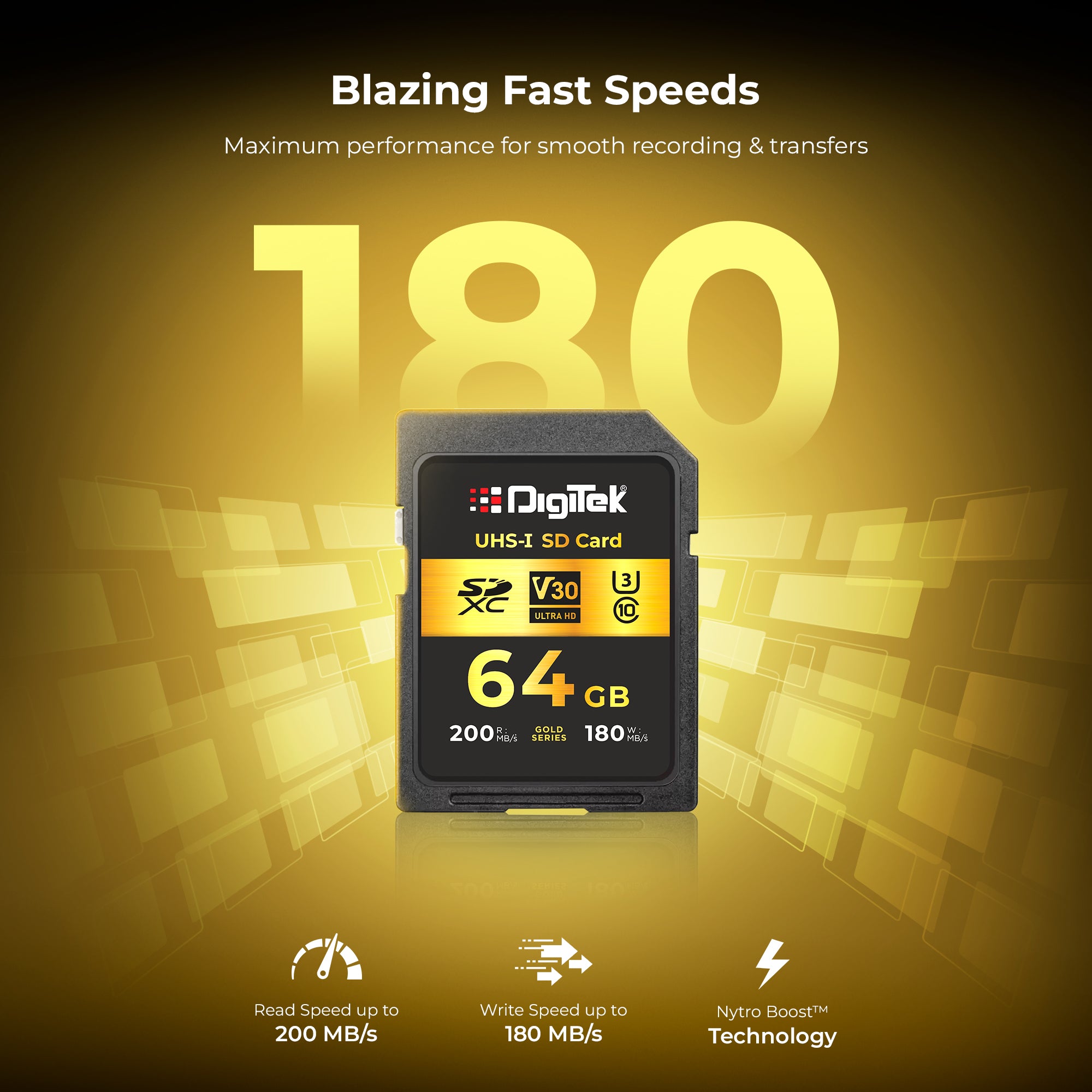 Digitek V30 Ultra HD 64GB UHS-I SD Card – 200MB/s Read, 180MB/s Write, Gold Series, 4K Ready