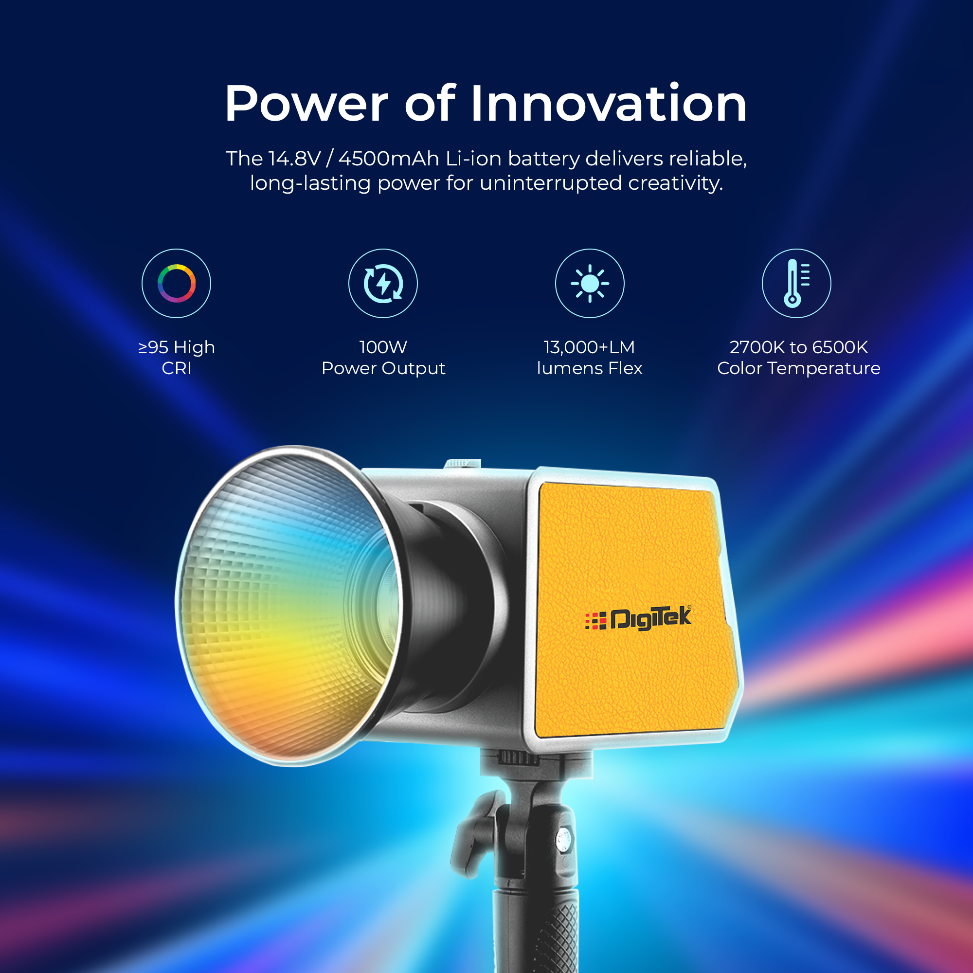 Digitek (DCL 100WBC RGB) 100W LED Video Light with Mini Bowens, Reflector, CRI 97+, 2700-6500K, 13000LM, App Control, 4500mAh Battery, 1/4 Mount, 20 FX Modes, for Indoor and Outdoor Shoots