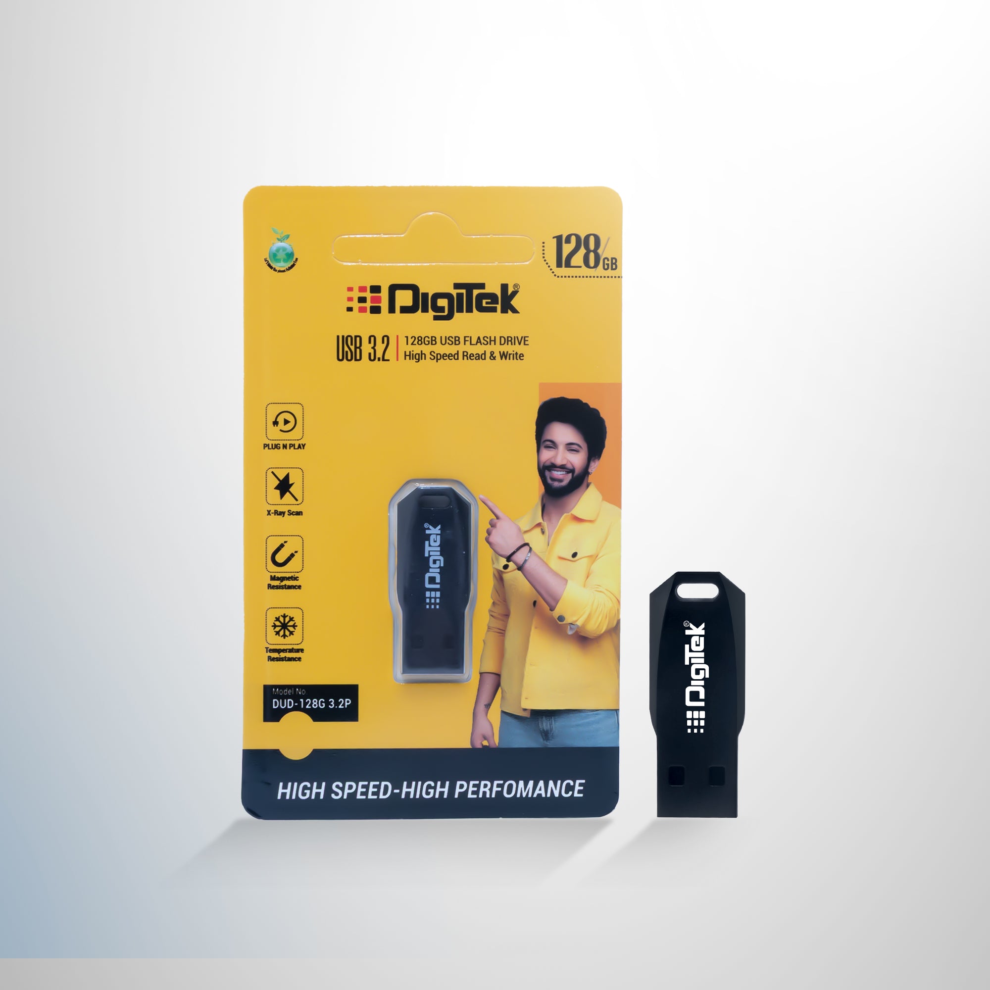 محرك أقراص فلاش USB 3.2 عالي السرعة من ديجيتك (Dud 3.2P 128GB)، سهل الاستخدام، مقاوم للأشعة السينية والمجالات المغناطيسية، هيكل بلاستيكي متين - متوافق مع أنظمة التشغيل ويندوز وماك 