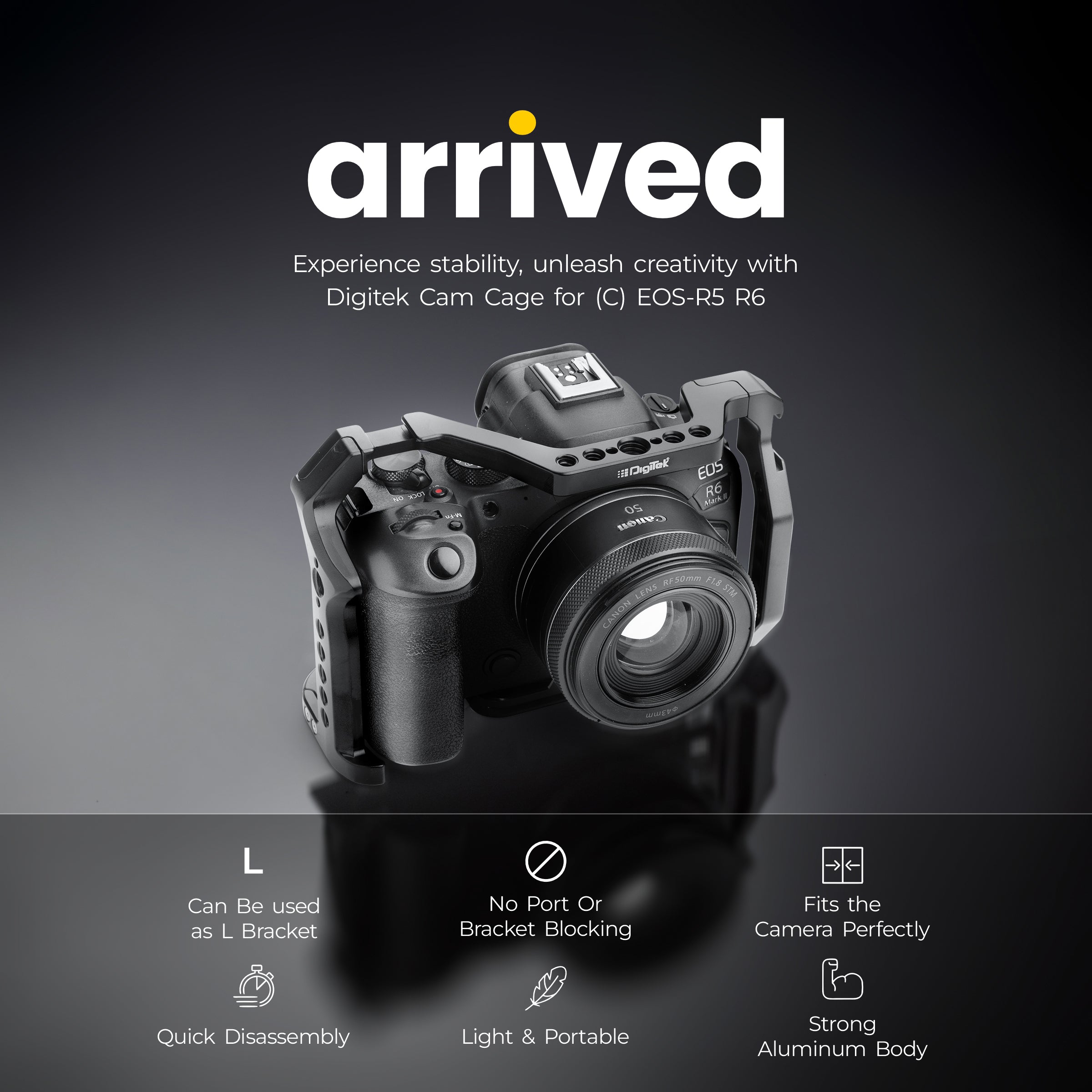 قفص كاميرا Digitek لكاميرا EOS-R5 و R6 (C) - قفص ألومنيوم مصمم خصيصًا مع تركيب سريع على حامل ثلاثي القوائم 