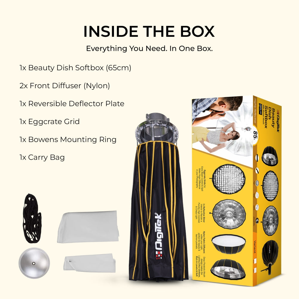 Digitek DBDS-65W 65cm Beauty Dish Softbox (White), Collapsible, Transportable, Lightweight Bowen Mount for Photography & Studio Lighting with Removable Diffuser