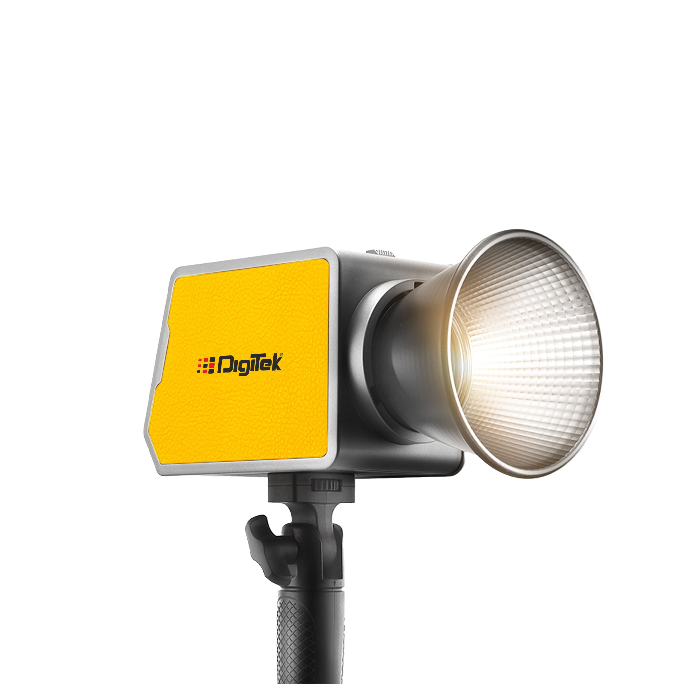 مصباح LED ثنائي اللون مستمر بقوة 100 واط من DIGITEK® (DCL-100 WBC) مع حامل Mini Bowen وعاكس، درجة حرارة اللون من 2700 كلفن إلى 6500 كلفن + 200 درجة، 20 وضع إضاءة، مؤشر تجسيد اللون 97+، سطوع من 0 إلى 100%، تحكم عبر تطبيق، إضاءة لتصوير الفيديو