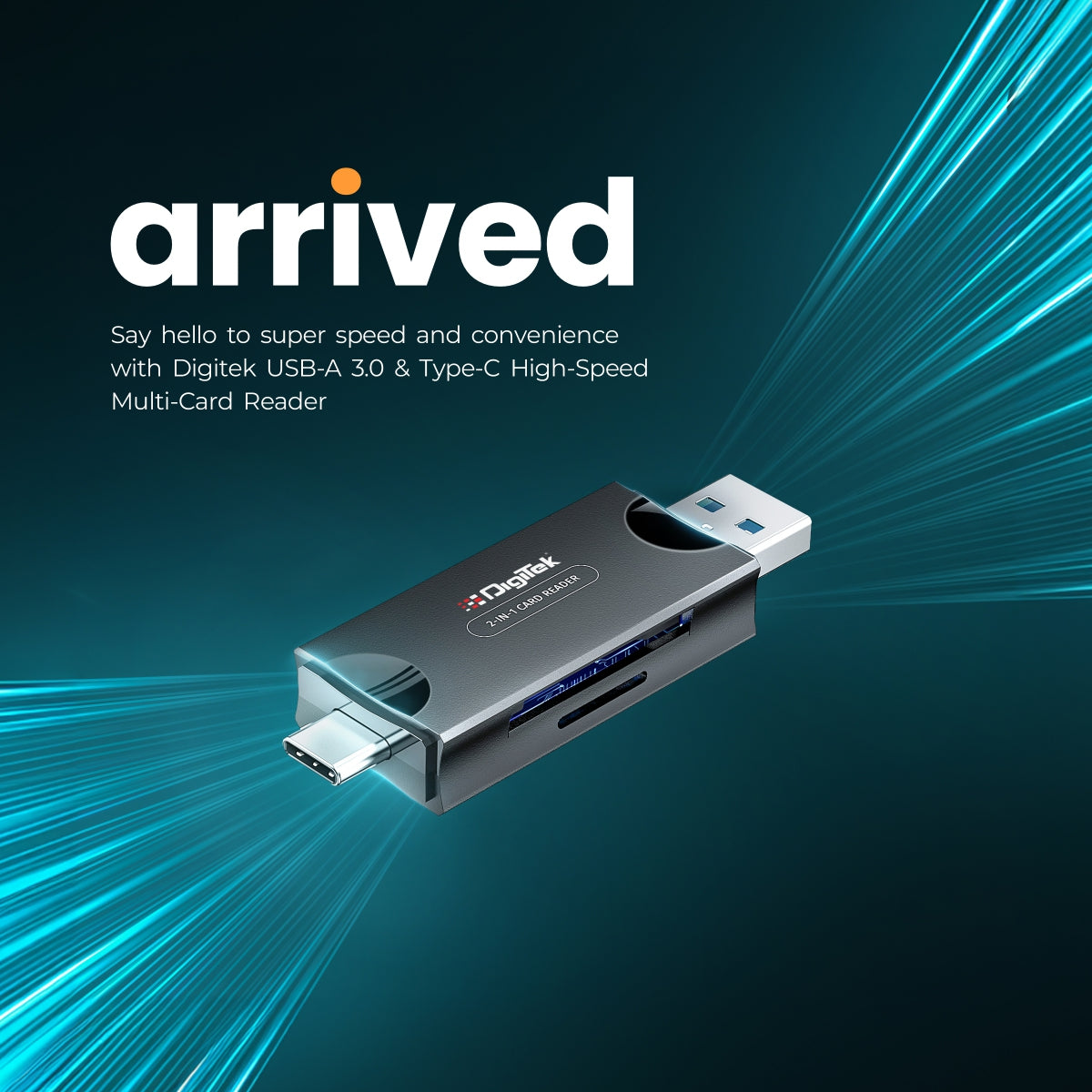 قارئ بطاقات متعدد عالي السرعة من ديجيتك (DCR-007) بمنفذ USB-A 3.0 ومنفذ Type C