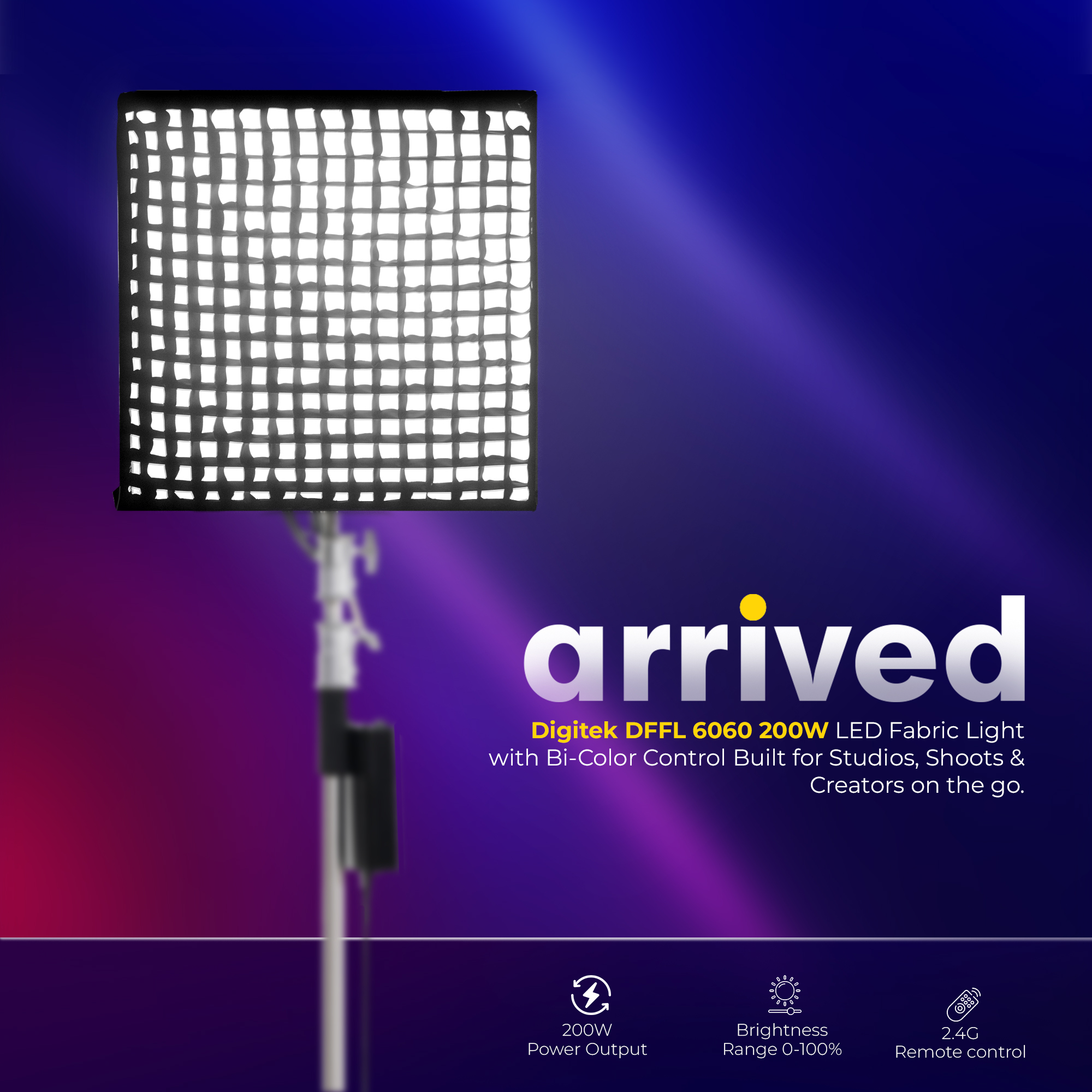 Digitek® (DFFL 6060) 200W Bi-Color Flexible Fabric LED Light with Remote & App Control, 768 LEDs, 2700K–6500K±200K, 5–100% Dimming, 120° Beam Angle, 18000LM, Includes X Bracket, Diffuser, Honeycomb Grid & Accessories, Ideal for Photo & Videography