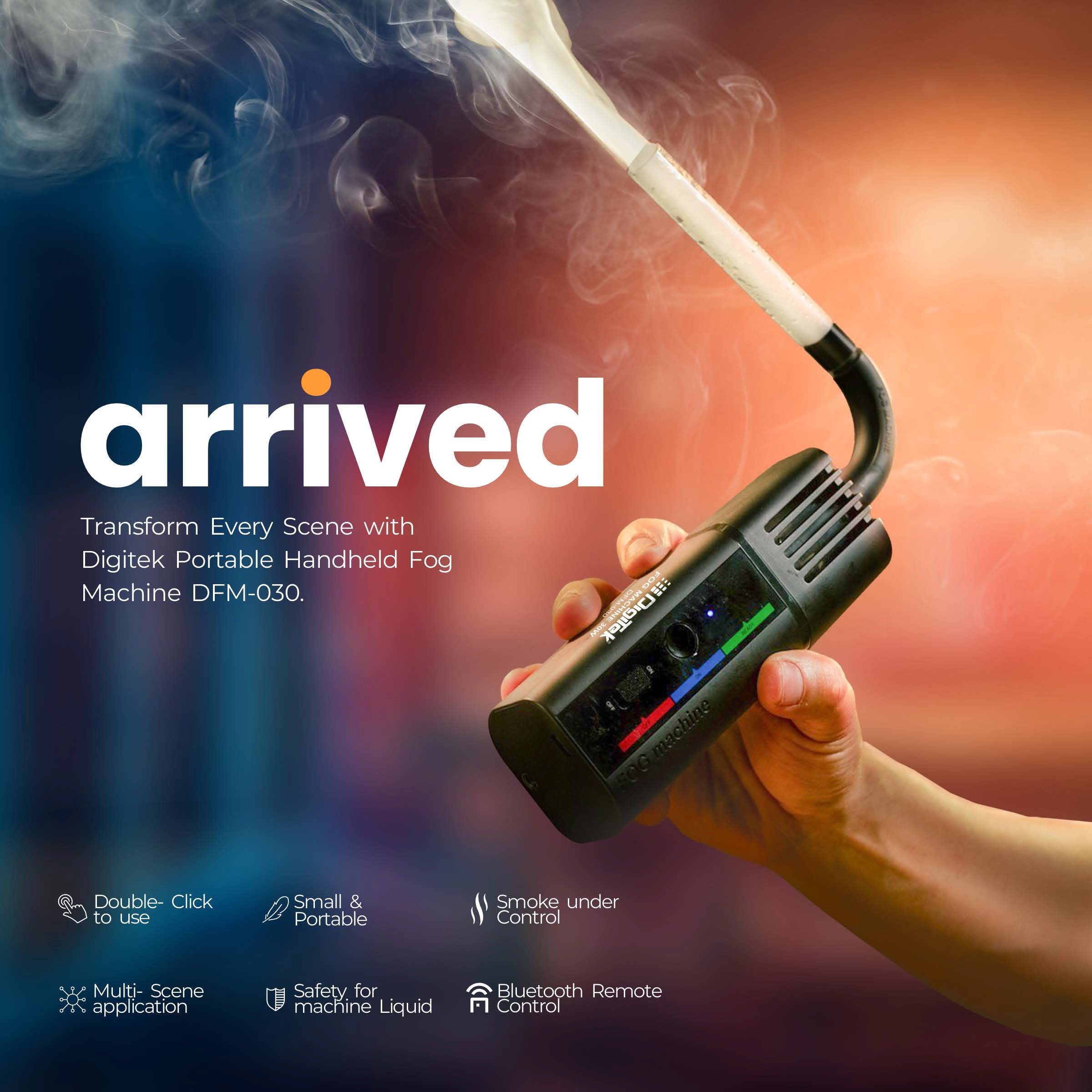 جهاز الضباب المحمول Digitek (DFM-030) مع جهاز تحكم عن بعد يُضفي أجواءً سينمائية مميزة على مناسباتكم، ويُحيي حفلات الهالوين، وحفلات الكريسماس، وحفلات الزفاف.