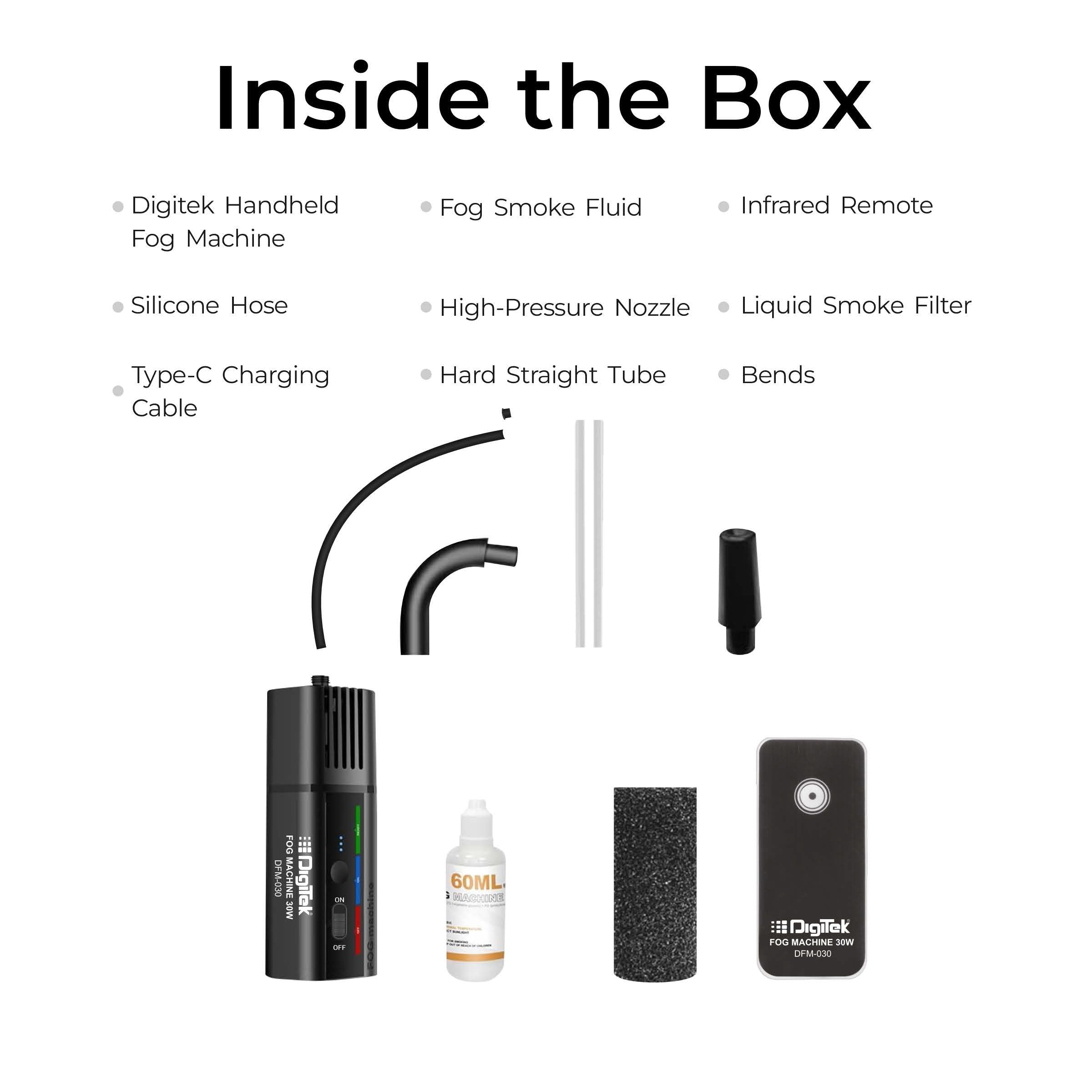 جهاز الضباب المحمول Digitek (DFM-030) مع جهاز تحكم عن بعد يُضفي أجواءً سينمائية مميزة على مناسباتكم، ويُحيي حفلات الهالوين، وحفلات الكريسماس، وحفلات الزفاف.