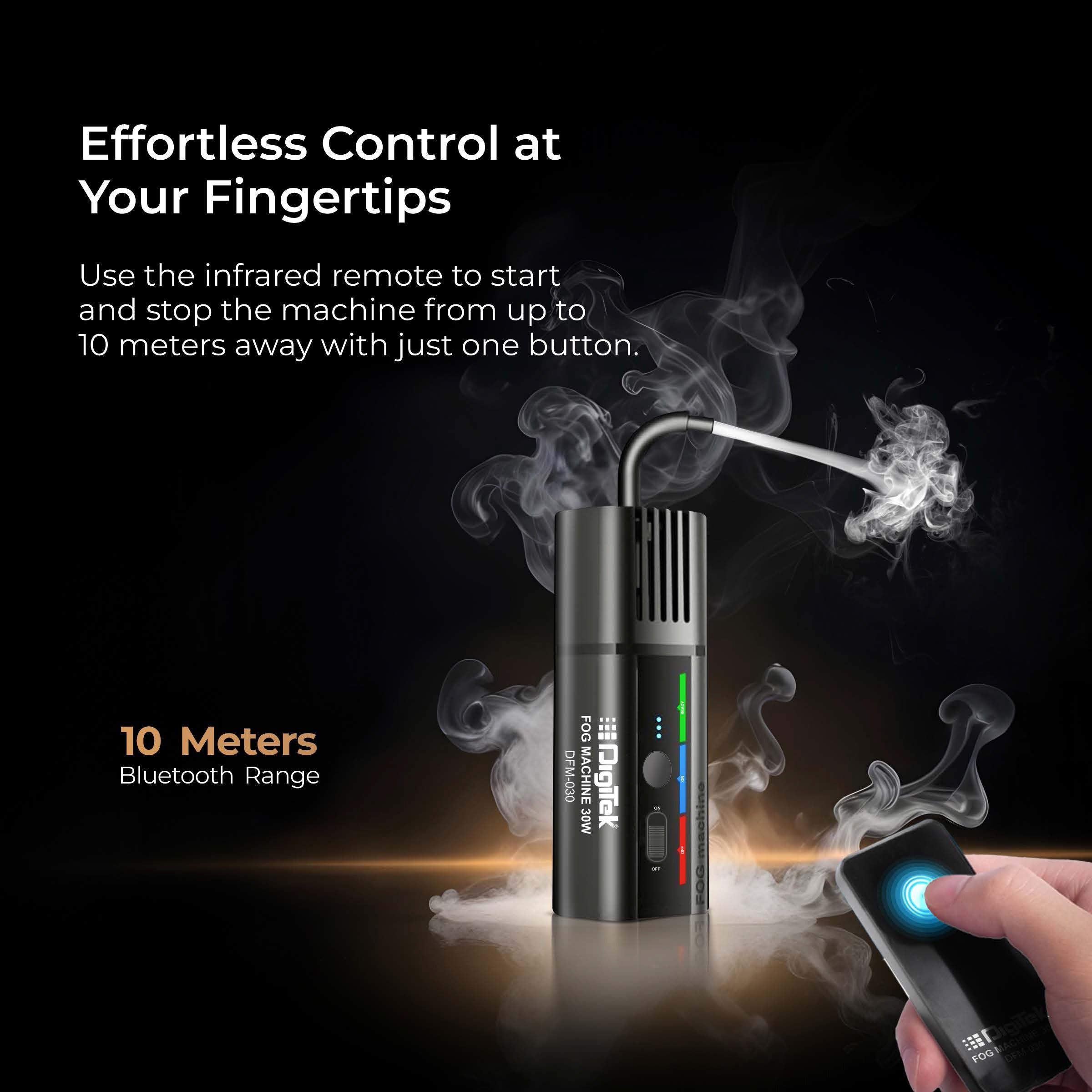 جهاز الضباب المحمول Digitek (DFM-030) مع جهاز تحكم عن بعد يُضفي أجواءً سينمائية مميزة على مناسباتكم، ويُحيي حفلات الهالوين، وحفلات الكريسماس، وحفلات الزفاف.